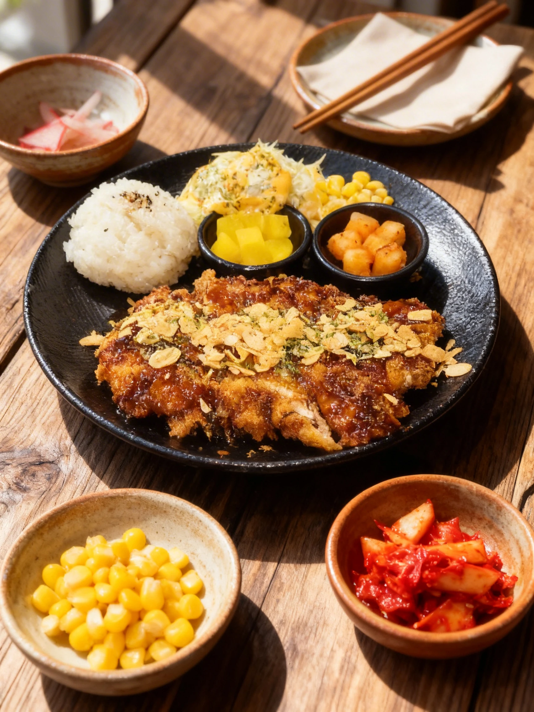 Breaded pork tonkatsu topped with dark savory sauce and crispy garlic flakes, served with a scoop of white rice, shredded cabbage salad, sweet corn, pickled rad