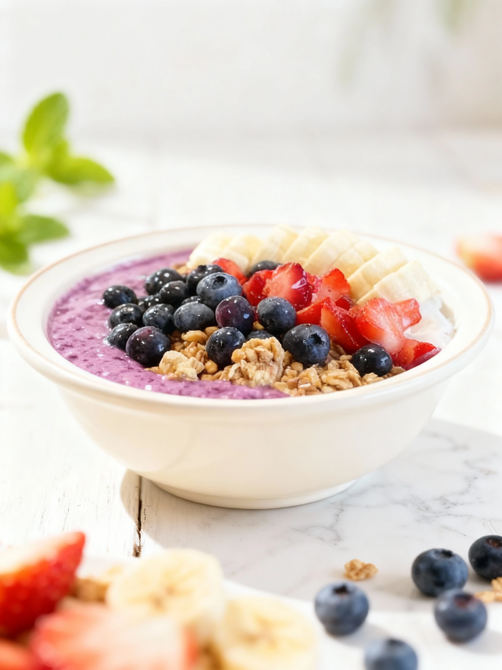 A vibrant smoothie bowl featuring a thick berry base, generously topped with crunchy granola, fresh blueberries, sliced strawberries, and neatly fanned slices o