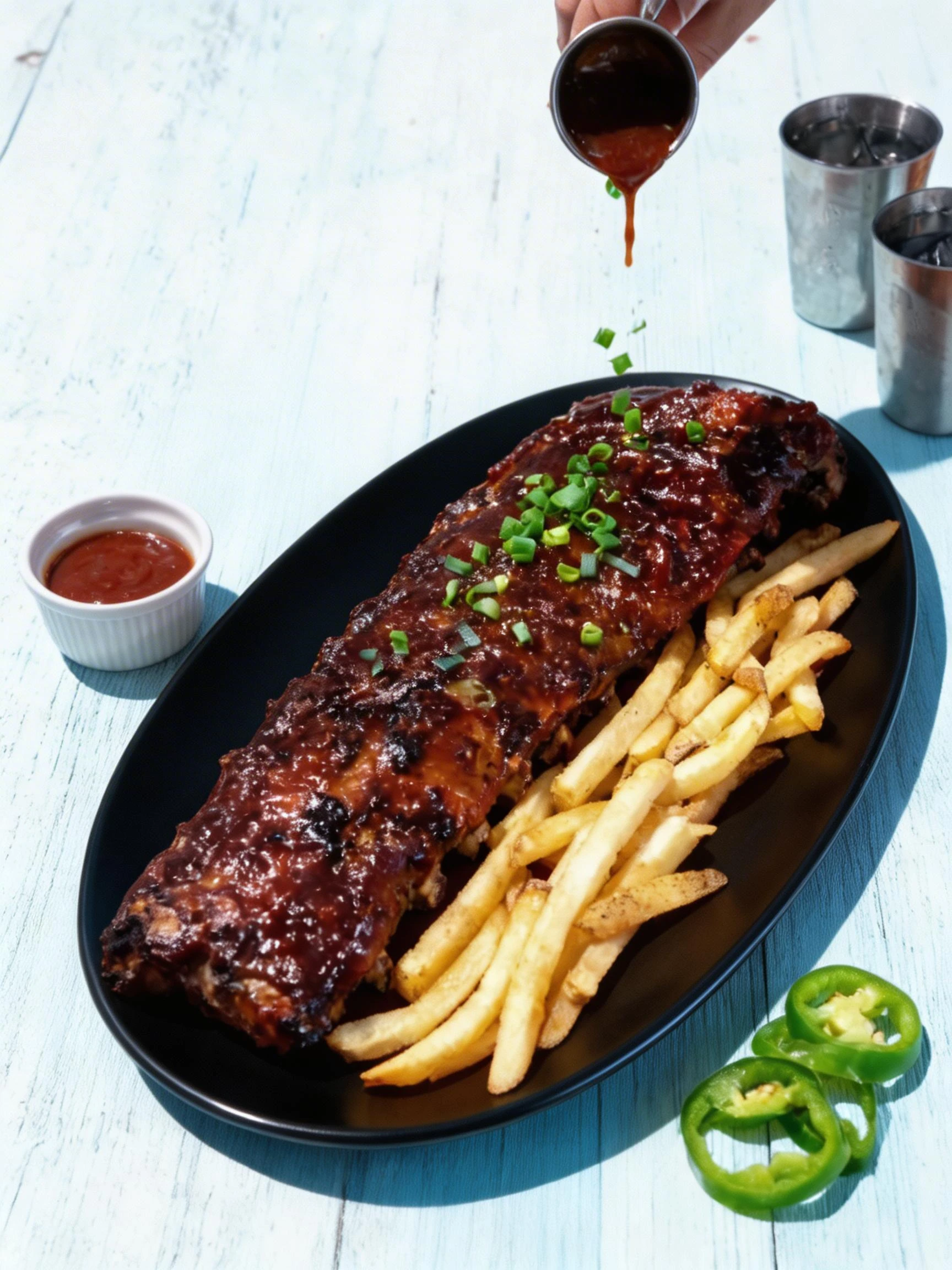 A full rack of glazed barbecue pork ribs garnished with chopped green onions, served with a side of skin-on french fries.
