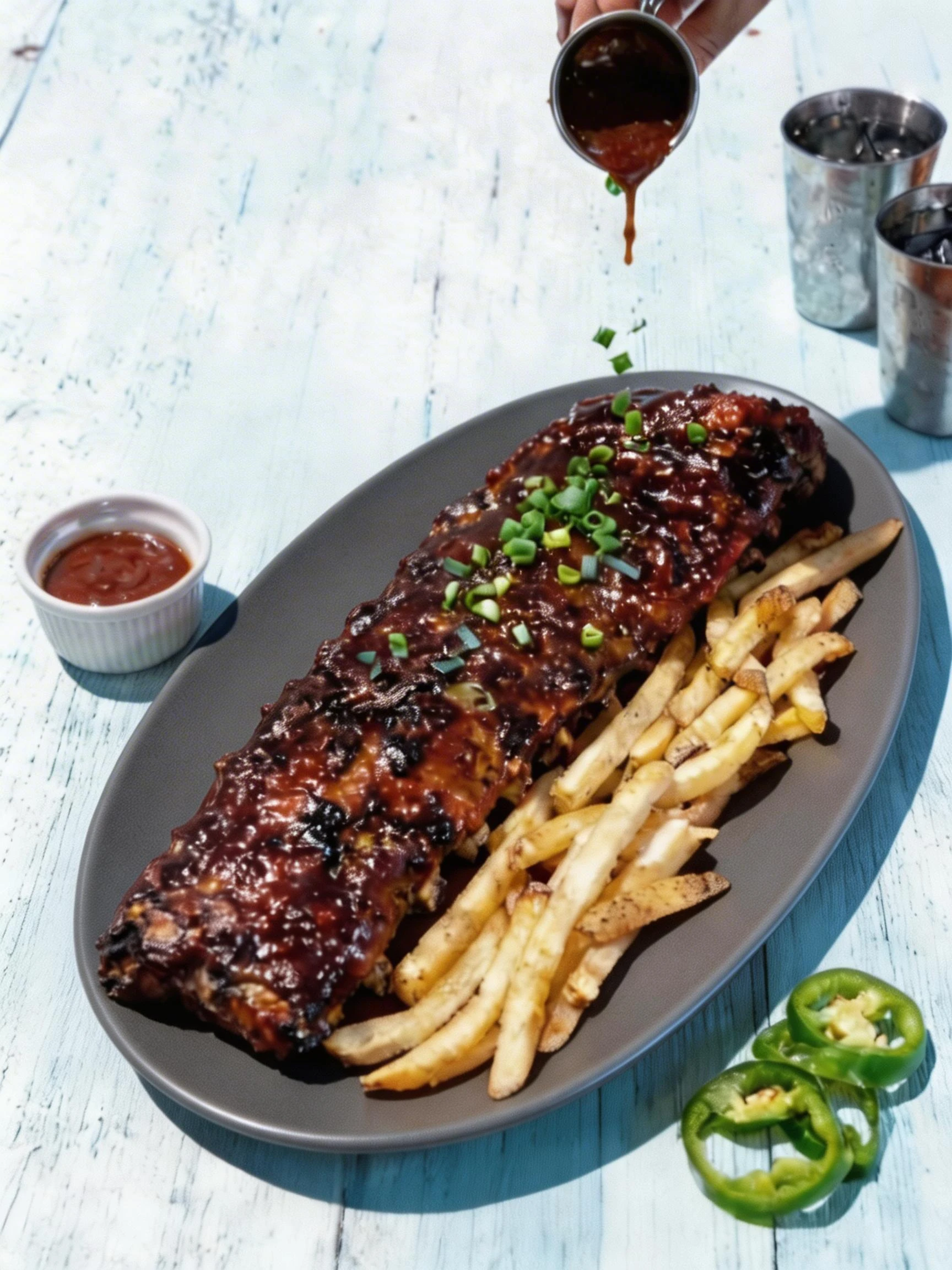 A full rack of glazed barbecue pork ribs garnished with chopped green onions, served with a side of skin-on french fries.
