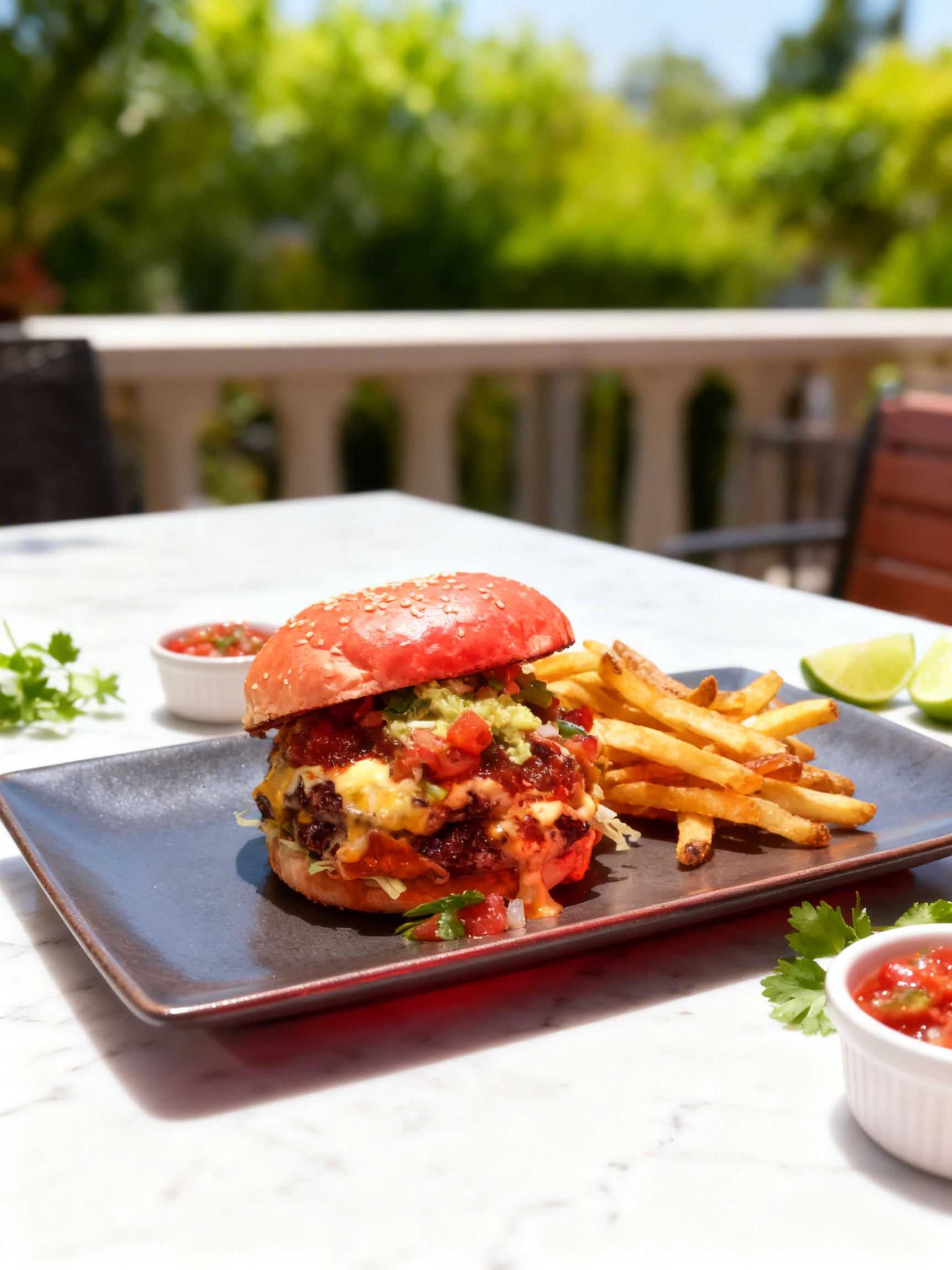 Double cheeseburger topped with guacamole, pico de gallo, and salsa, served on a sesame seed bun alongside a portion of french fries.