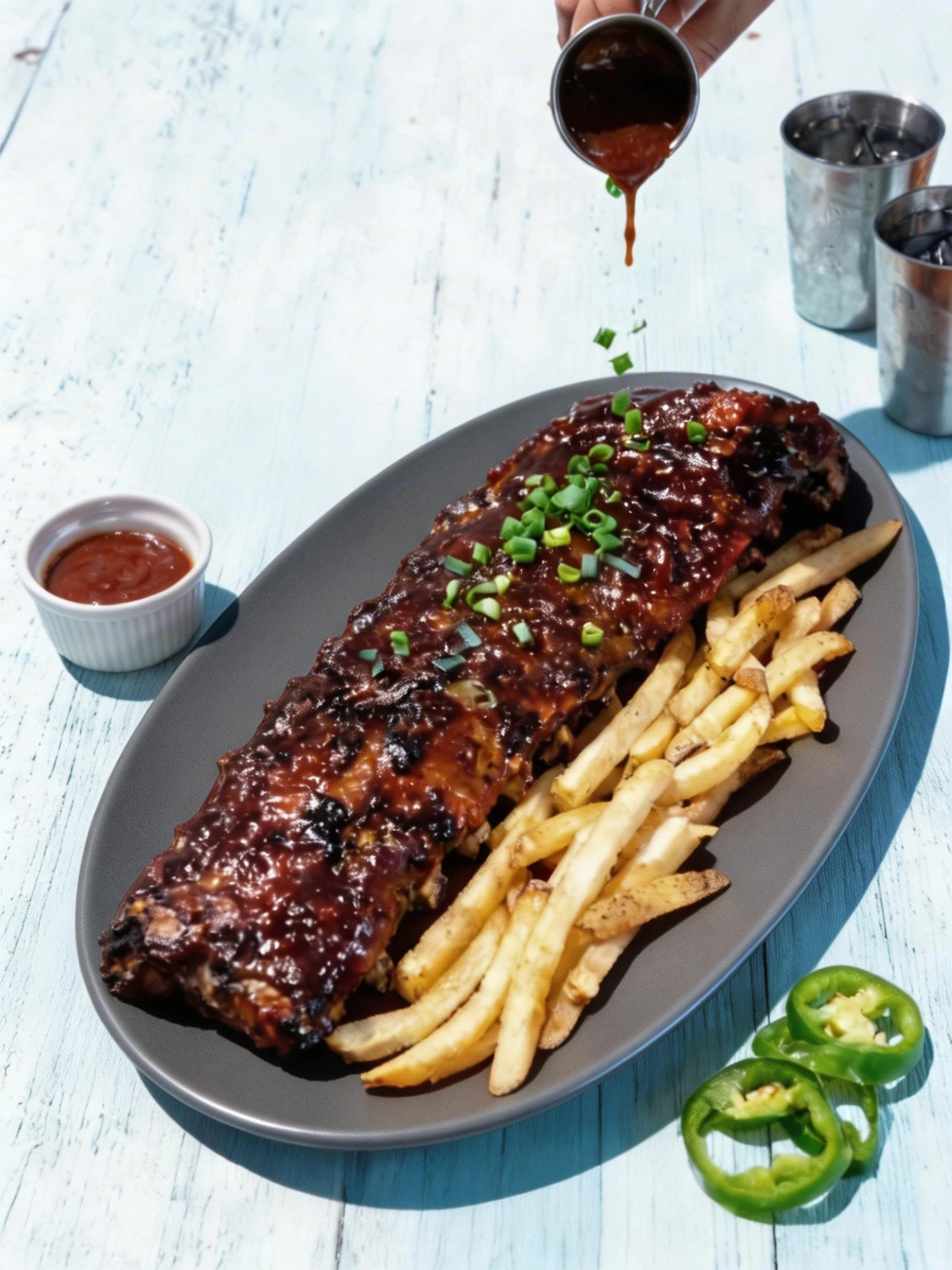 A full rack of glazed barbecue pork ribs garnished with chopped green onions, served with a side of skin-on french fries.