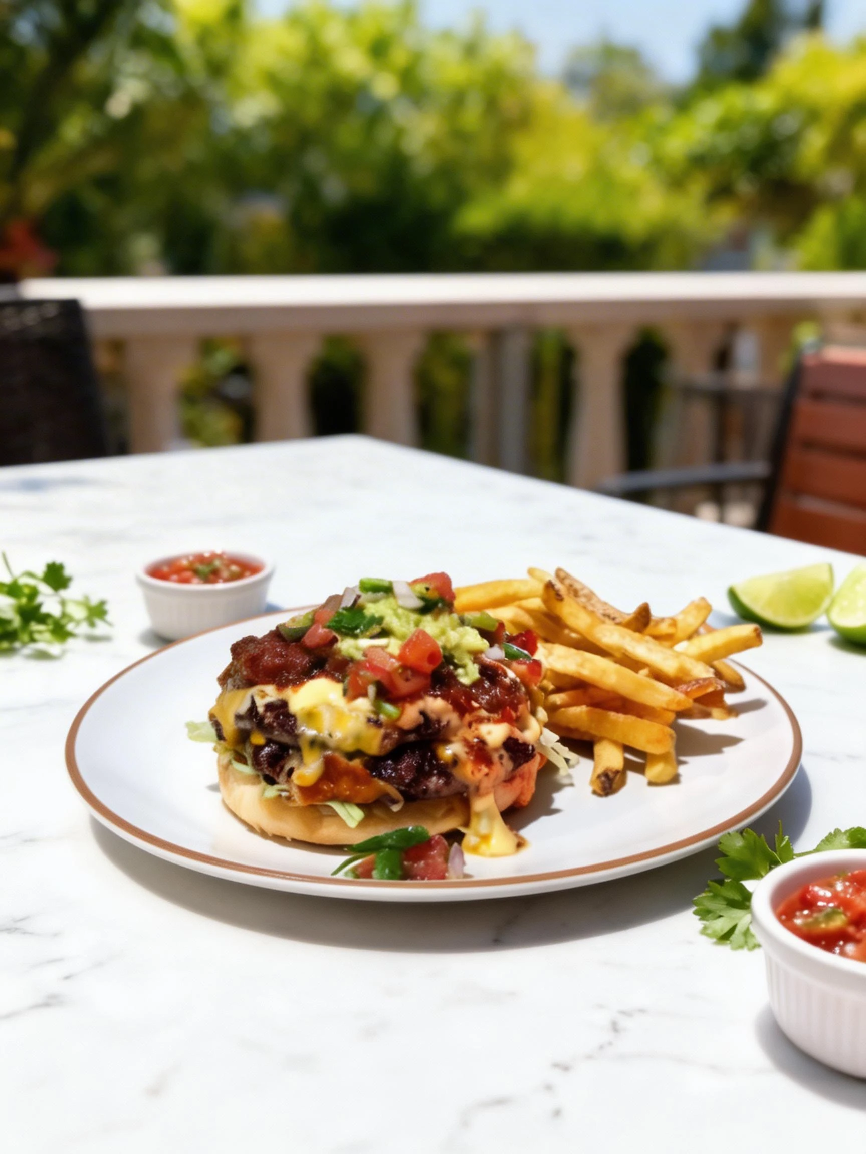 Double cheeseburger topped with guacamole, pico de gallo, and salsa, served on a sesame seed bun alongside a portion of french fries.