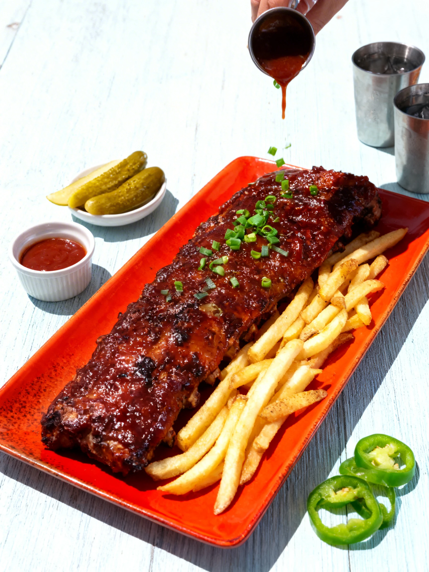 A full rack of glazed barbecue pork ribs garnished with chopped green onions, served with a side of skin-on french fries.