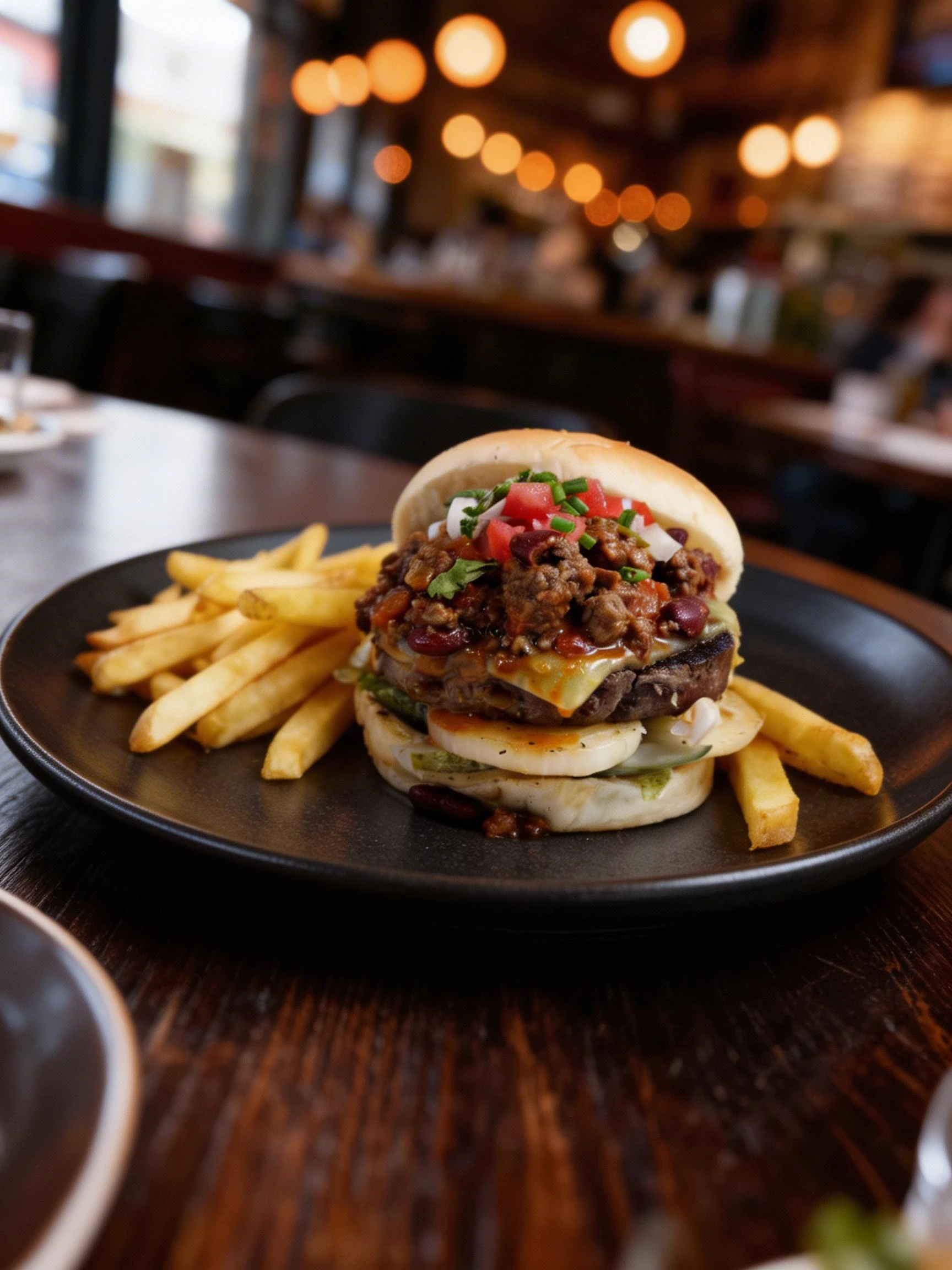 A chili burger topped with melted cheese, beef chili, diced tomatoes, onions, and scallions, served alongside thick-cut french fries.