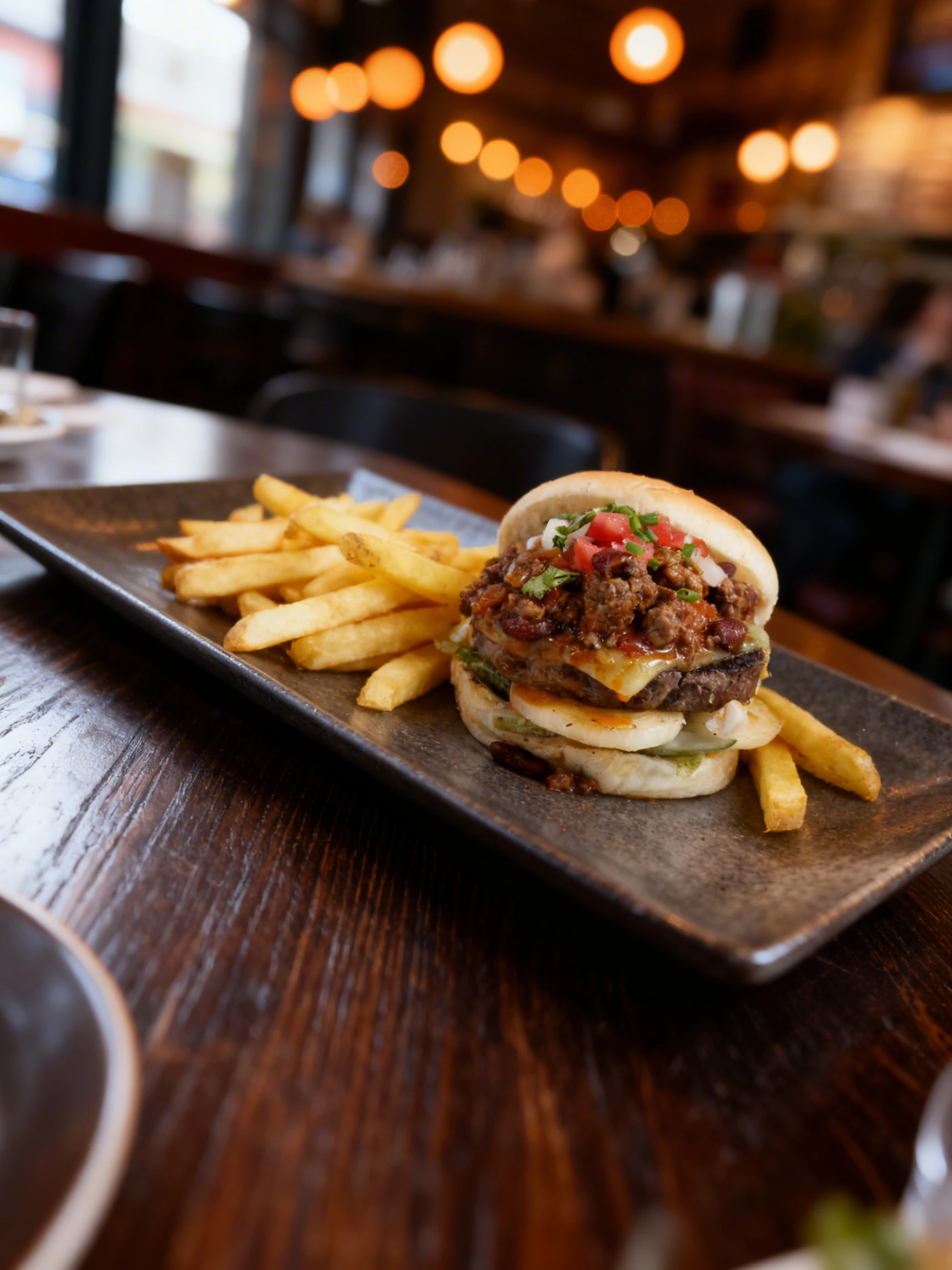 A chili burger topped with melted cheese, beef chili, diced tomatoes, onions, and scallions, served alongside thick-cut french fries.