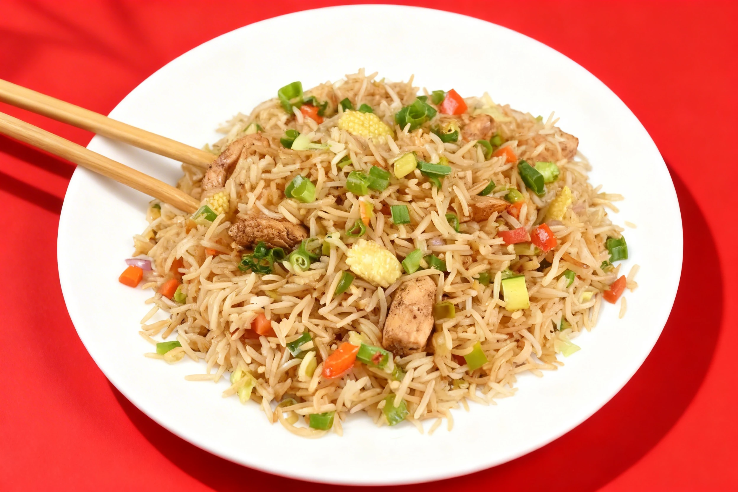 Chicken fried rice made with long-grain basmati rice, seasoned chicken pieces, baby corn, diced carrots, and fresh green onions.