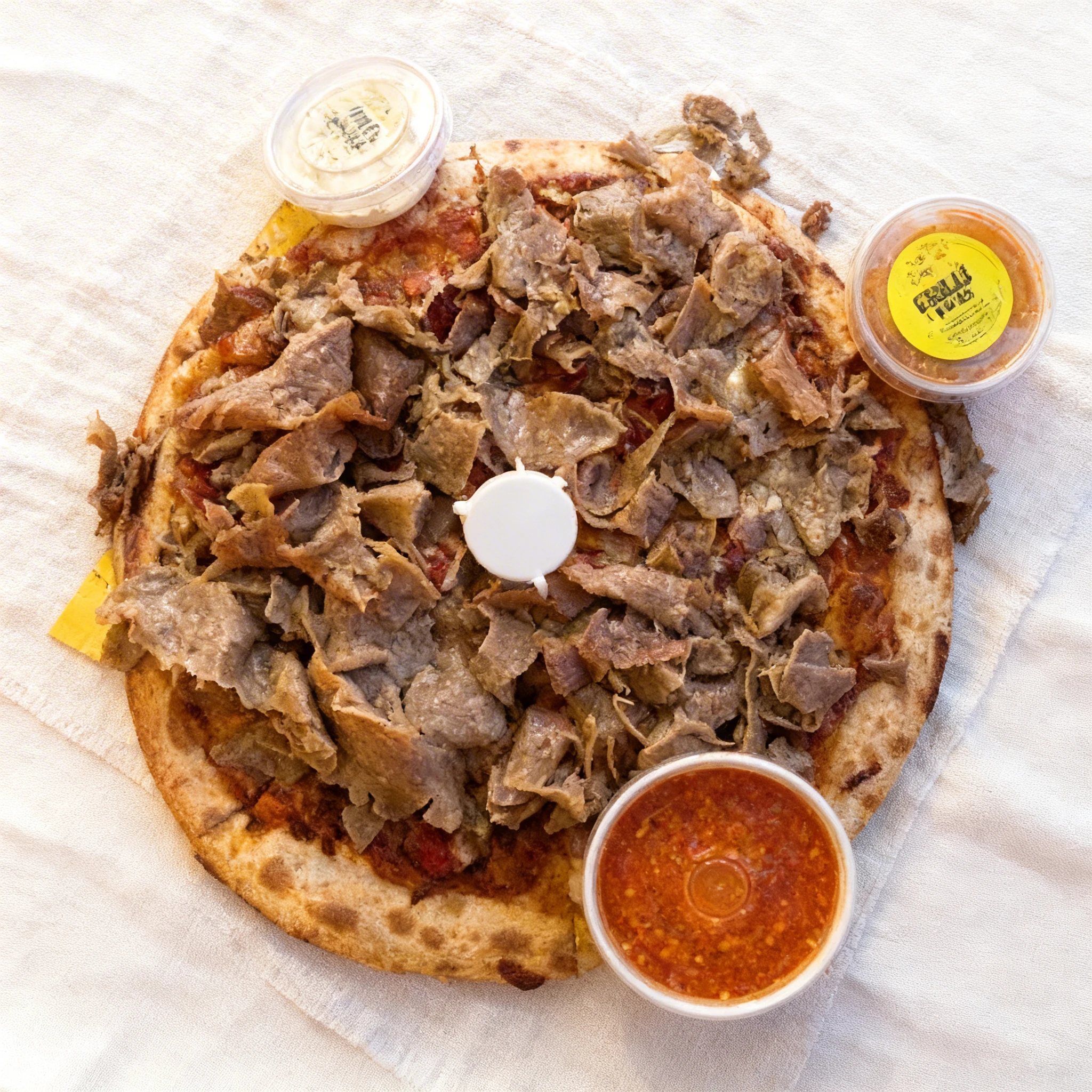 Doner meat pizza topped with sliced lamb kebab meat and served with side containers of garlic and chili sauces.