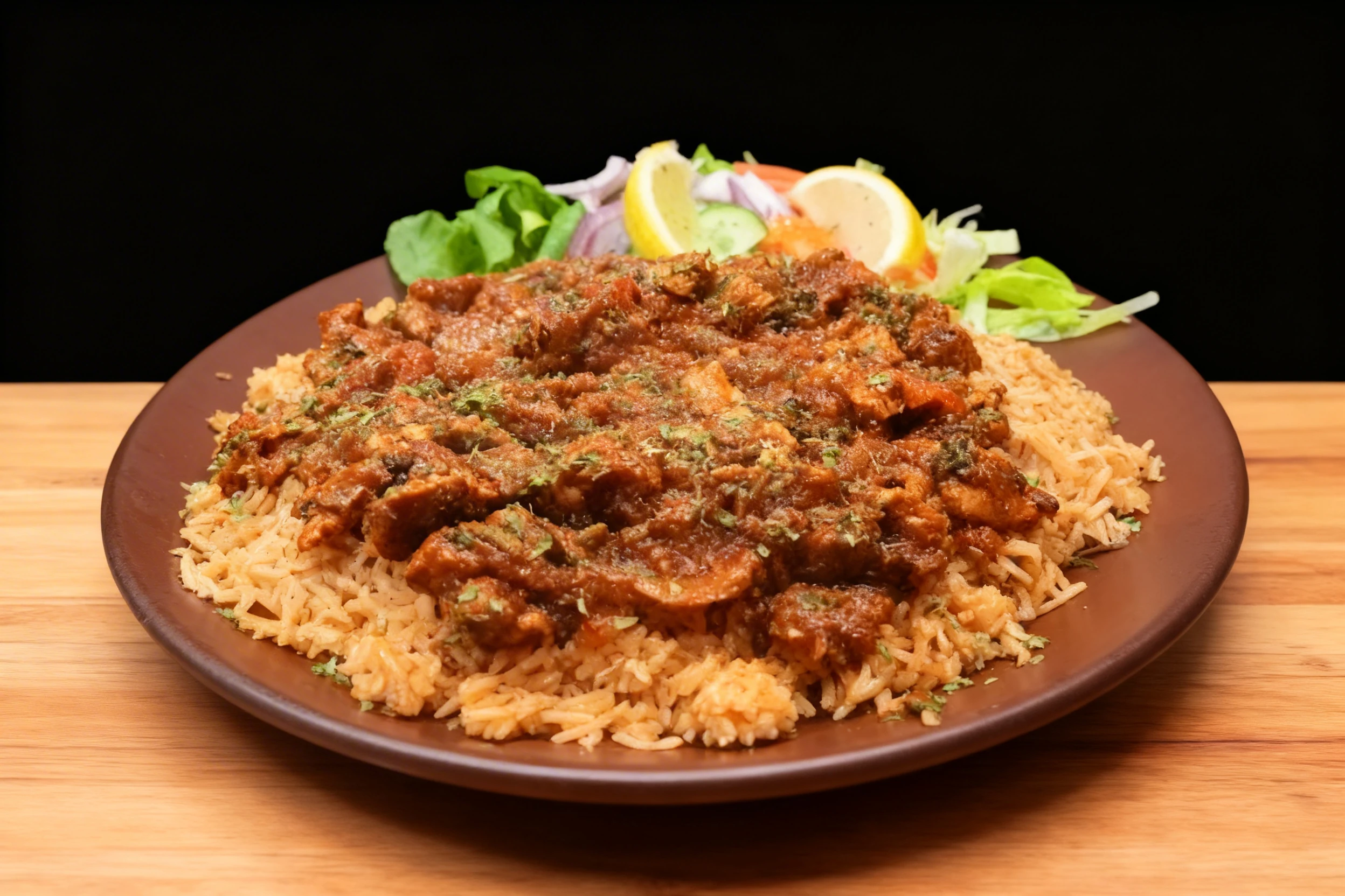 A large portion of spiced meat curry served over seasoned basmati rice with a side salad of lettuce, sliced cucumber, red onion, and lemon wedges.