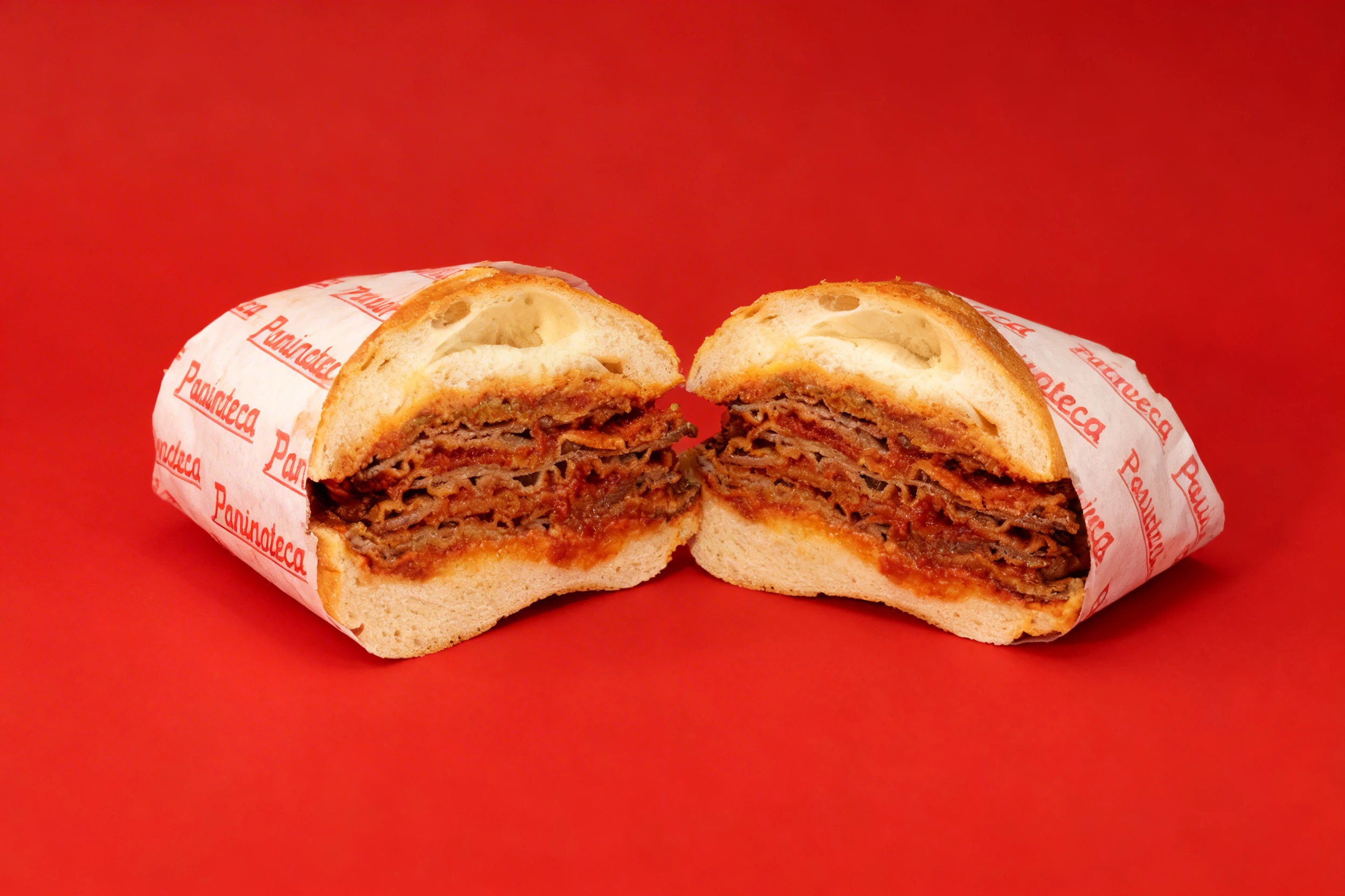A large sandwich cut in half featuring multiple layers of thinly sliced beef and tomato sauce on a thick roll.