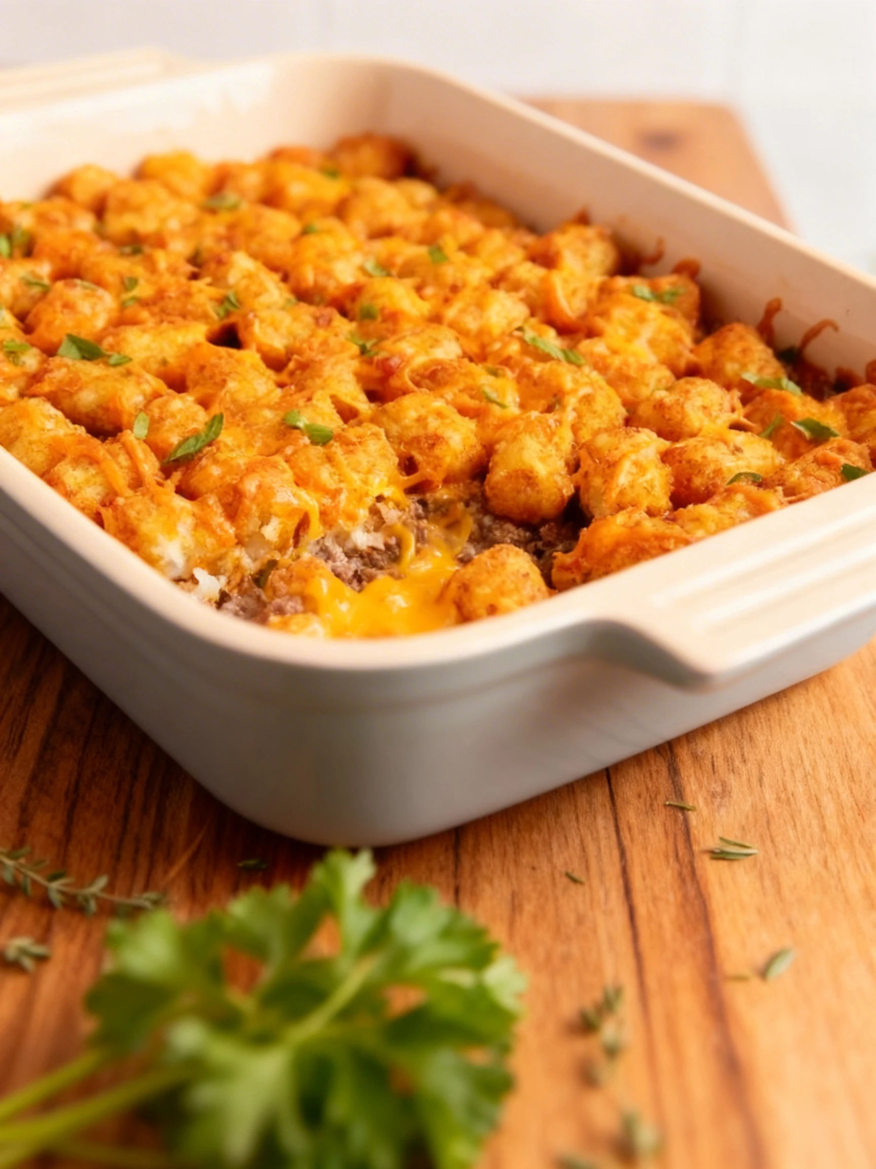 A tater tot casserole featuring a layer of seasoned ground beef topped with crispy tater tots, melted cheddar cheese, and fresh chopped herbs.