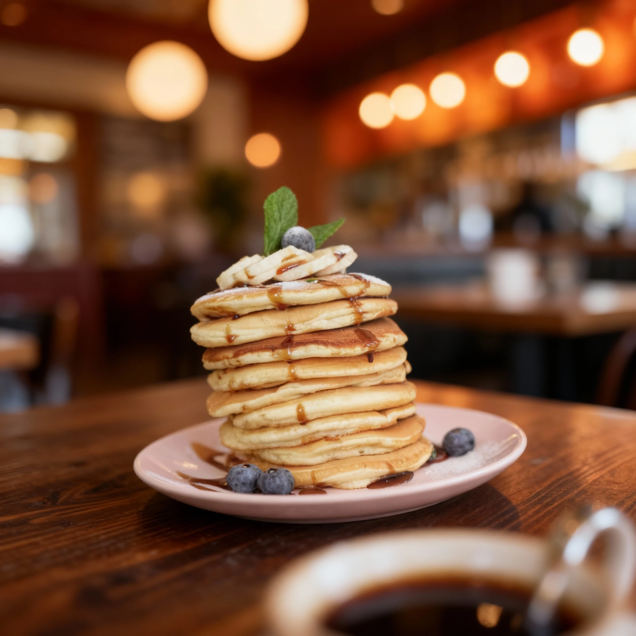 A tall stack of golden pancakes drizzled with syrup, topped with sliced banana, a blueberry, and a mint leaf, and served on a light pink plate with additional b