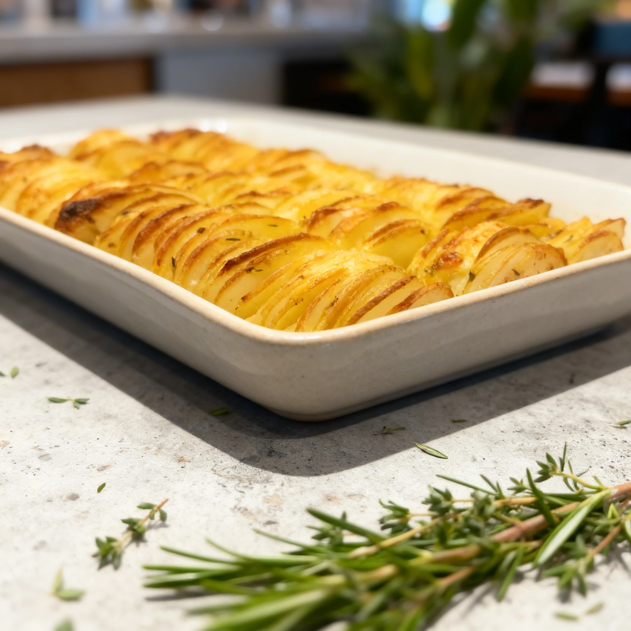 Crispy scalloped potatoes with herbs baked in rows and served in a foil tray.
