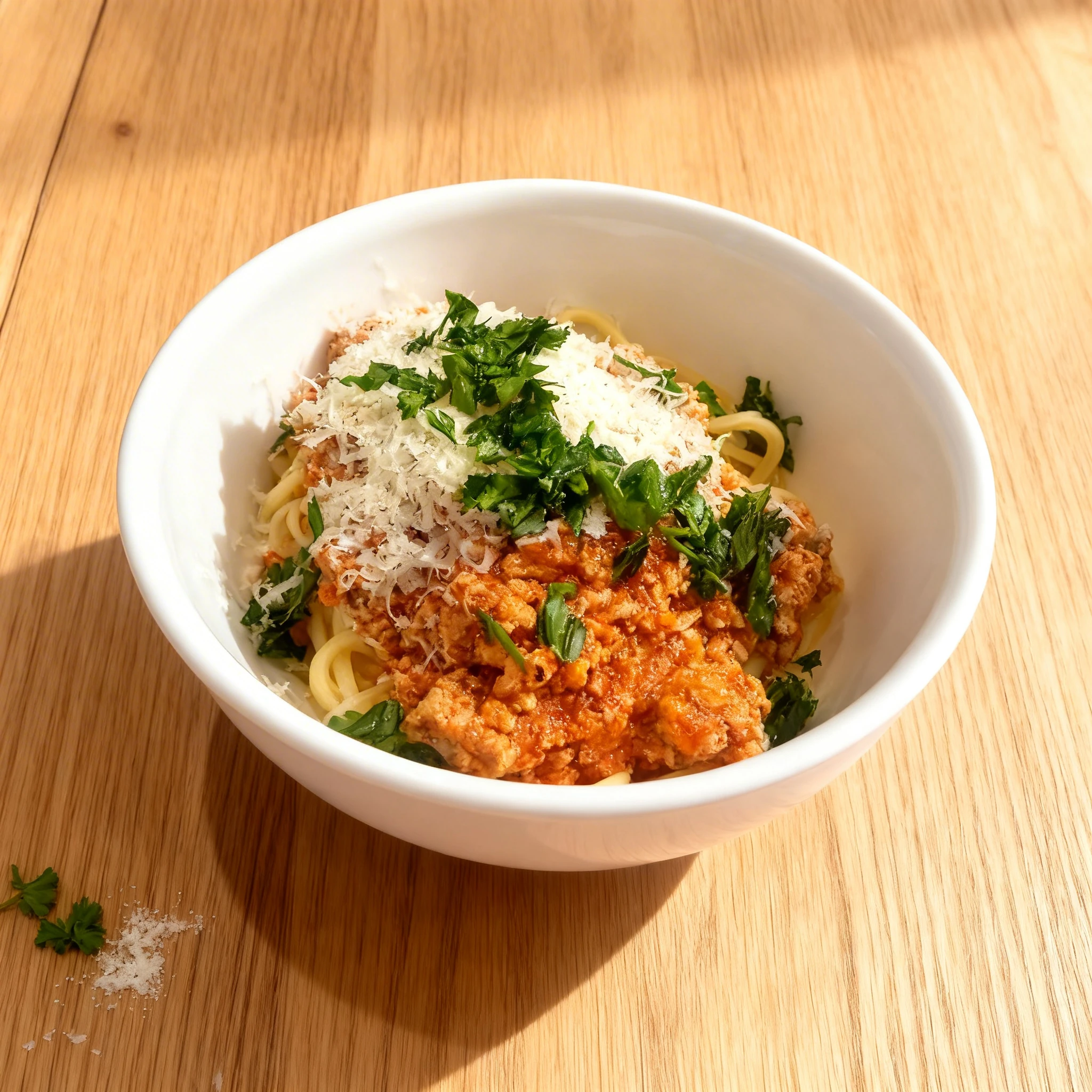 Linguine pasta topped with a chunky meat bolognese sauce, finely grated parmesan cheese, and roughly chopped fresh parsley served in a white bowl.