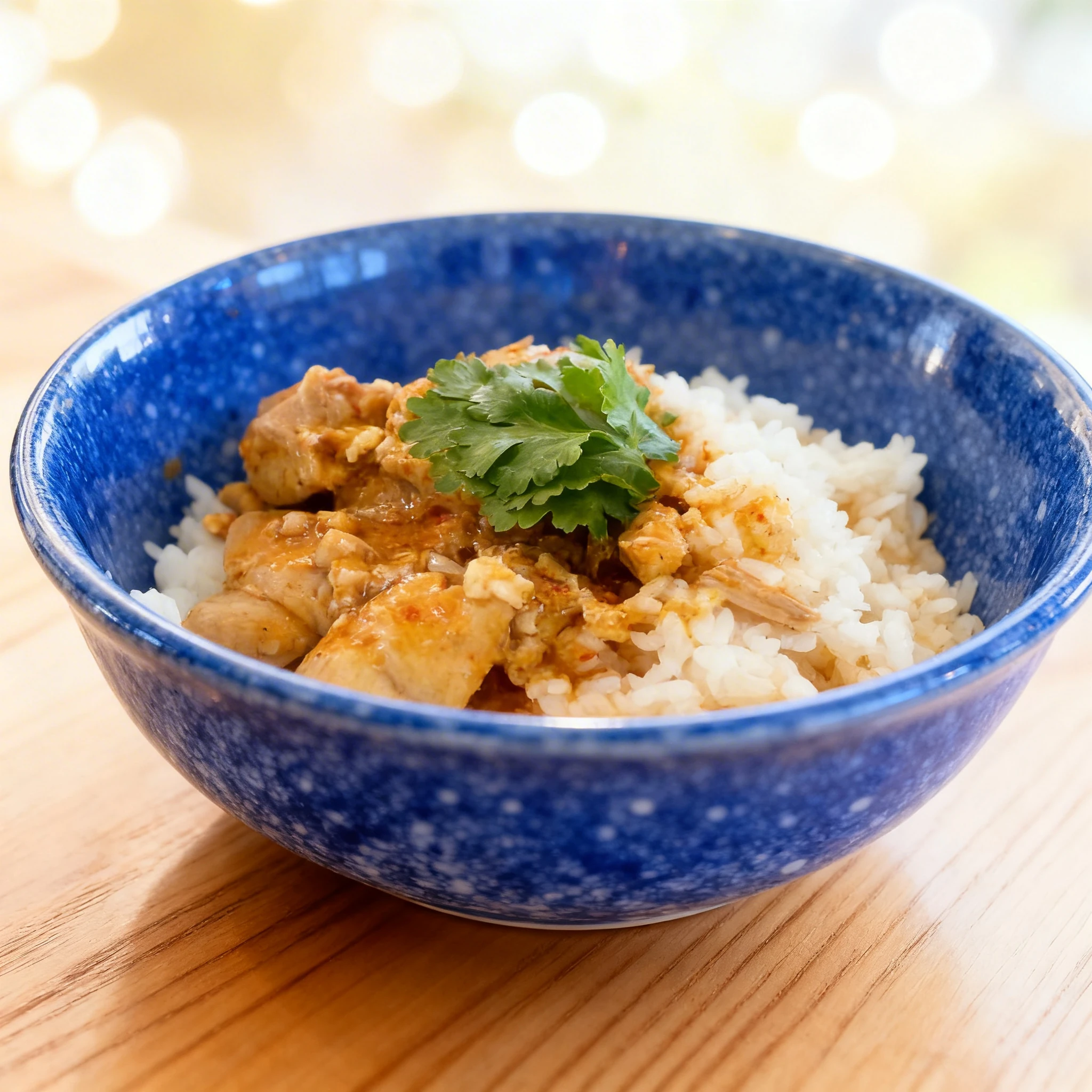 A chicken curry bowl featuring tender chunks of chicken in a red sauce served over white steamed rice and garnished with a sprig of fresh cilantro.