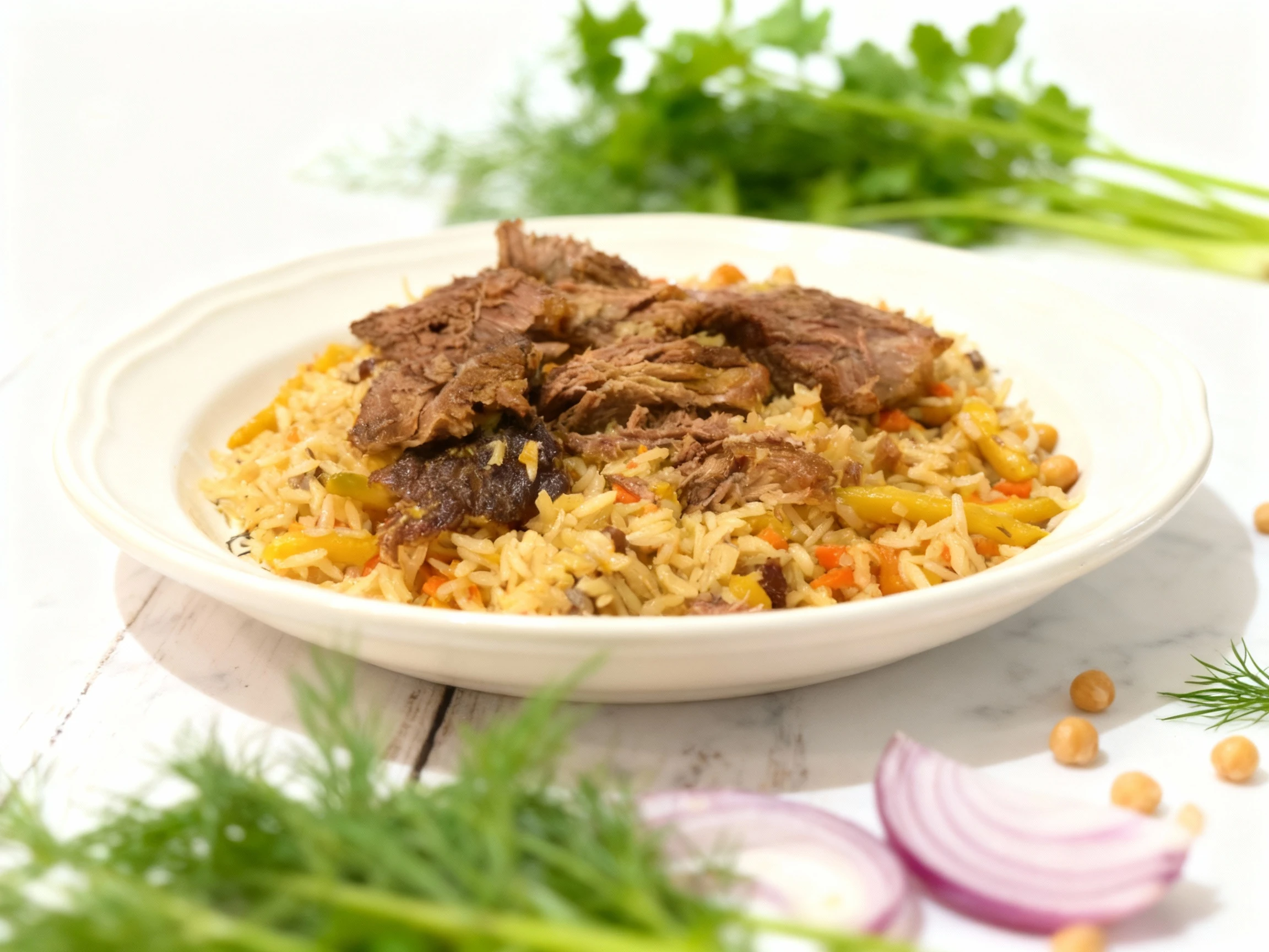 A hearty portion of Plov (pilaf) topped with large chunks of braised or slow-cooked meat, served on a decorative plate. The seasoned rice is mixed with shredded