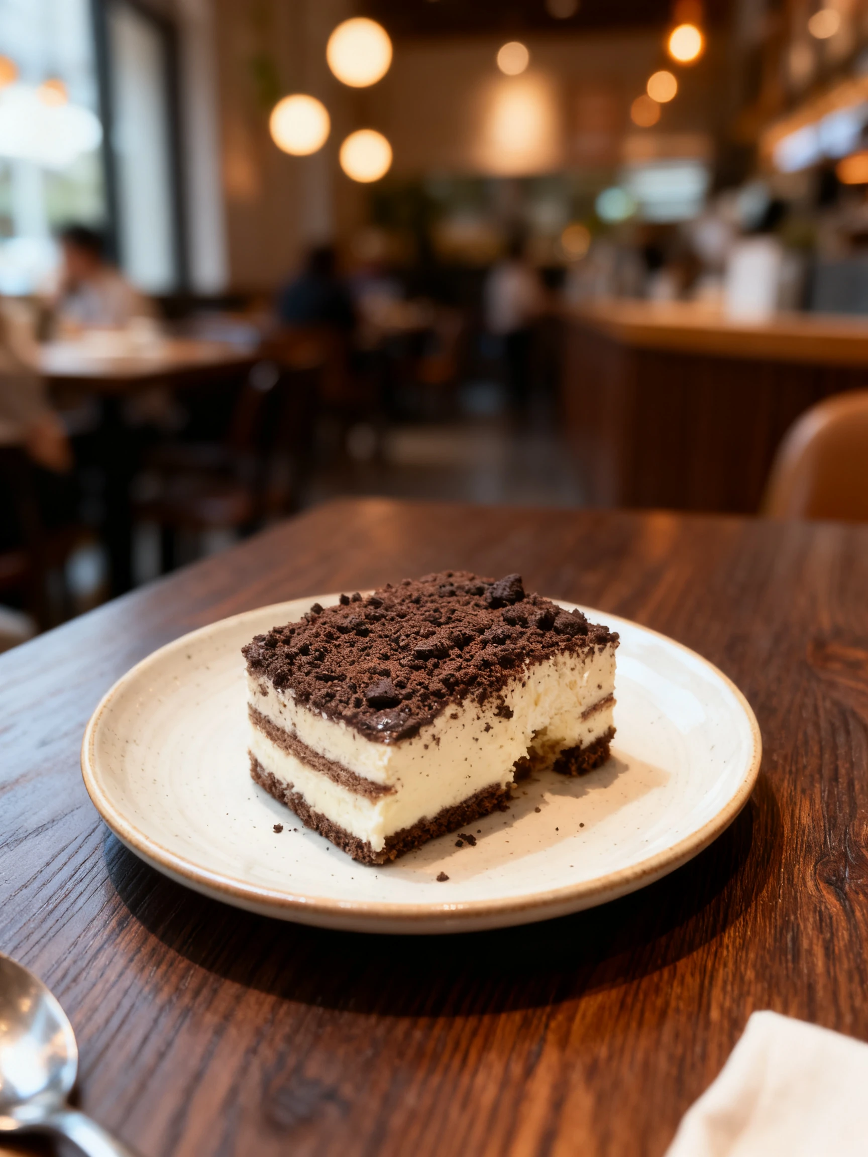 A layered cream dessert topped with chocolate cookie crumbles, served in a square plastic container.