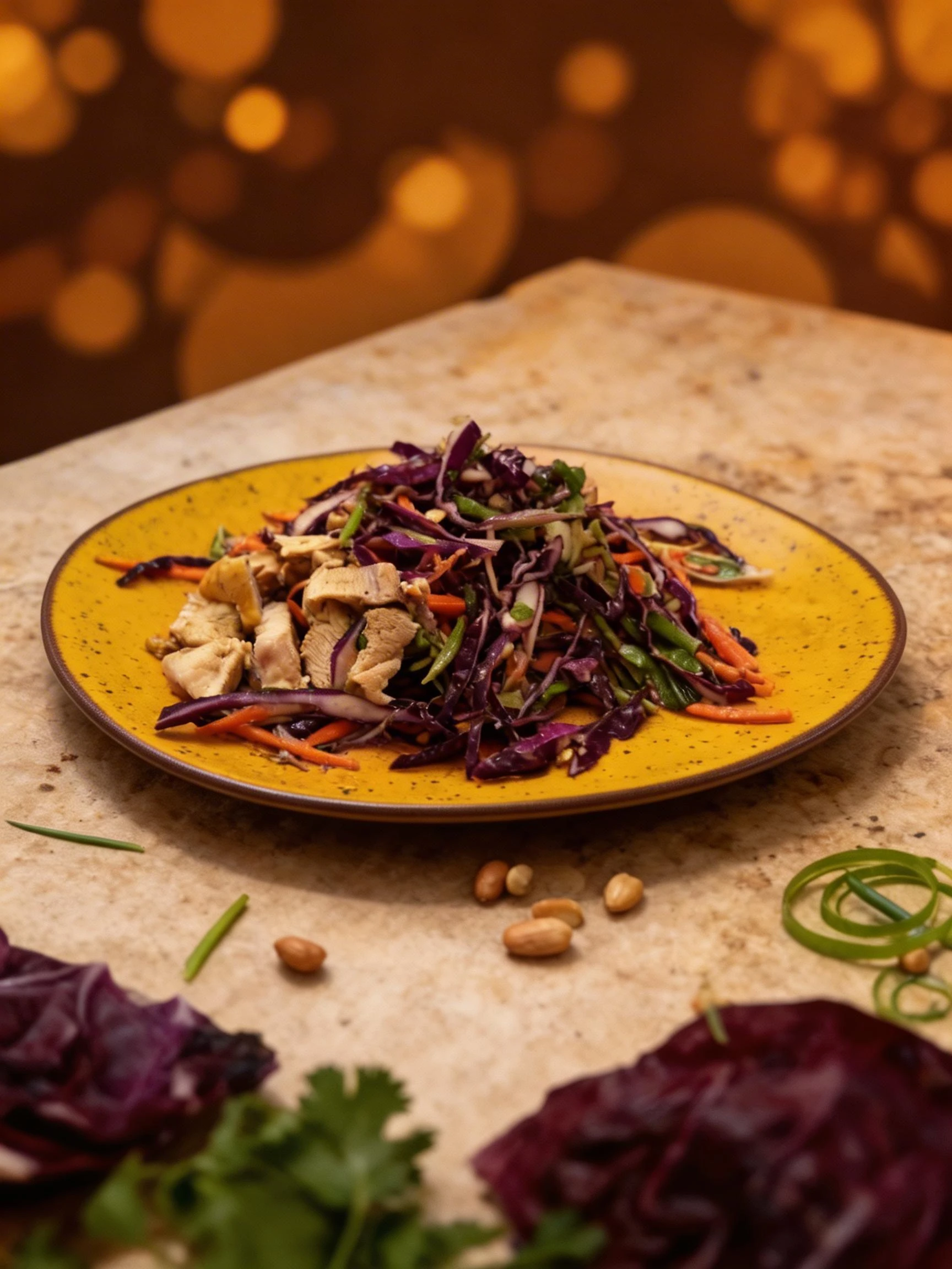 A chicken salad with sliced grilled chicken breast, shredded red cabbage, carrots, green onions, and peanuts on a terracotta-colored plate.