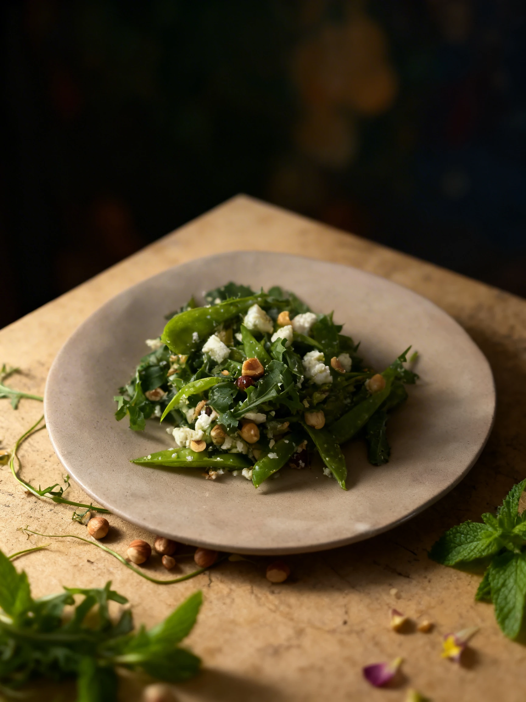 A green salad featuring snap peas, arugula, crumbled feta cheese, and toasted hazelnuts served on a matte ceramic plate.