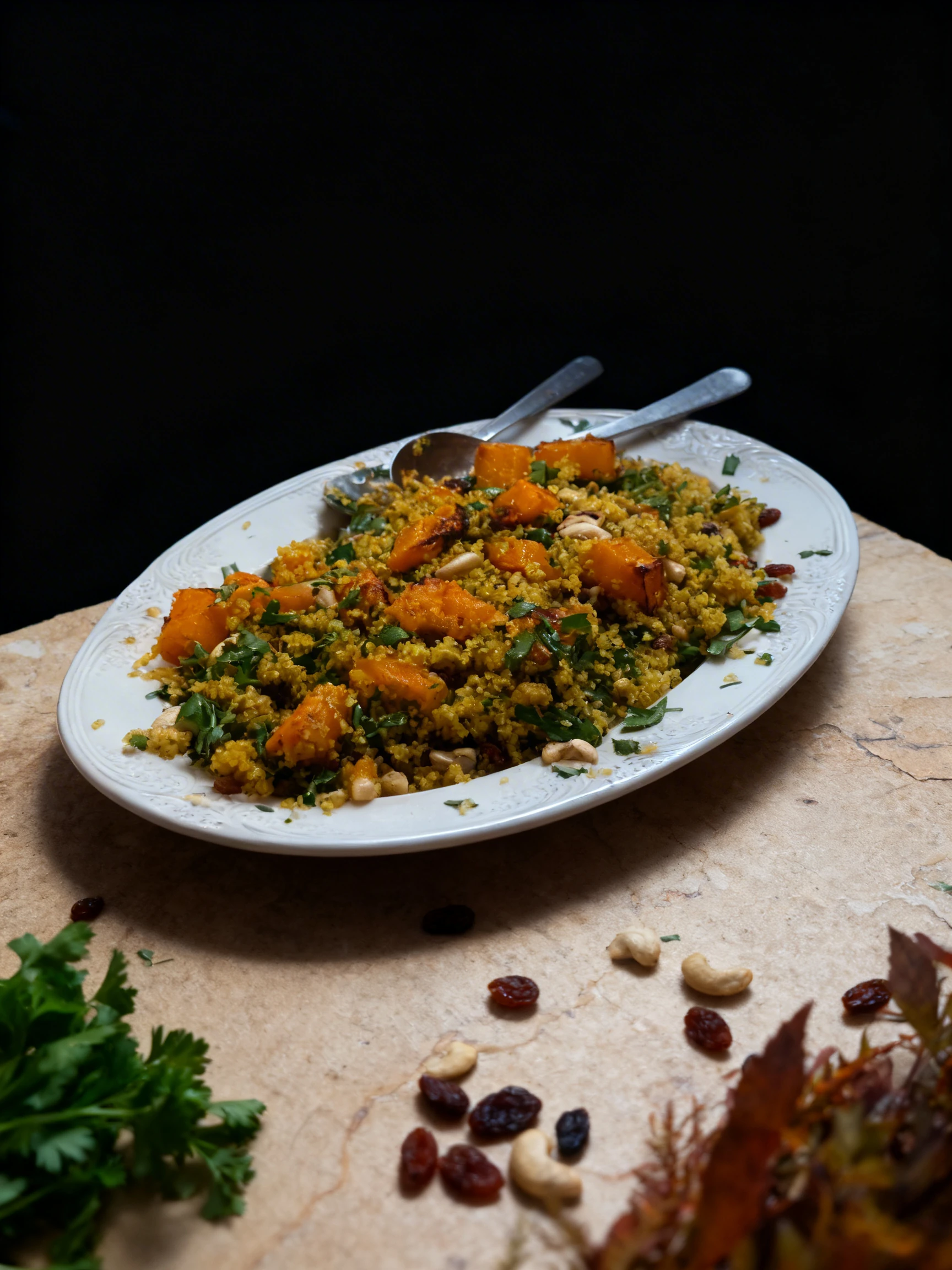 Roasted butternut squash and quinoa salad mixed with fresh parsley, toasted cashew nuts, and dried raisins served on an embossed ceramic platter.