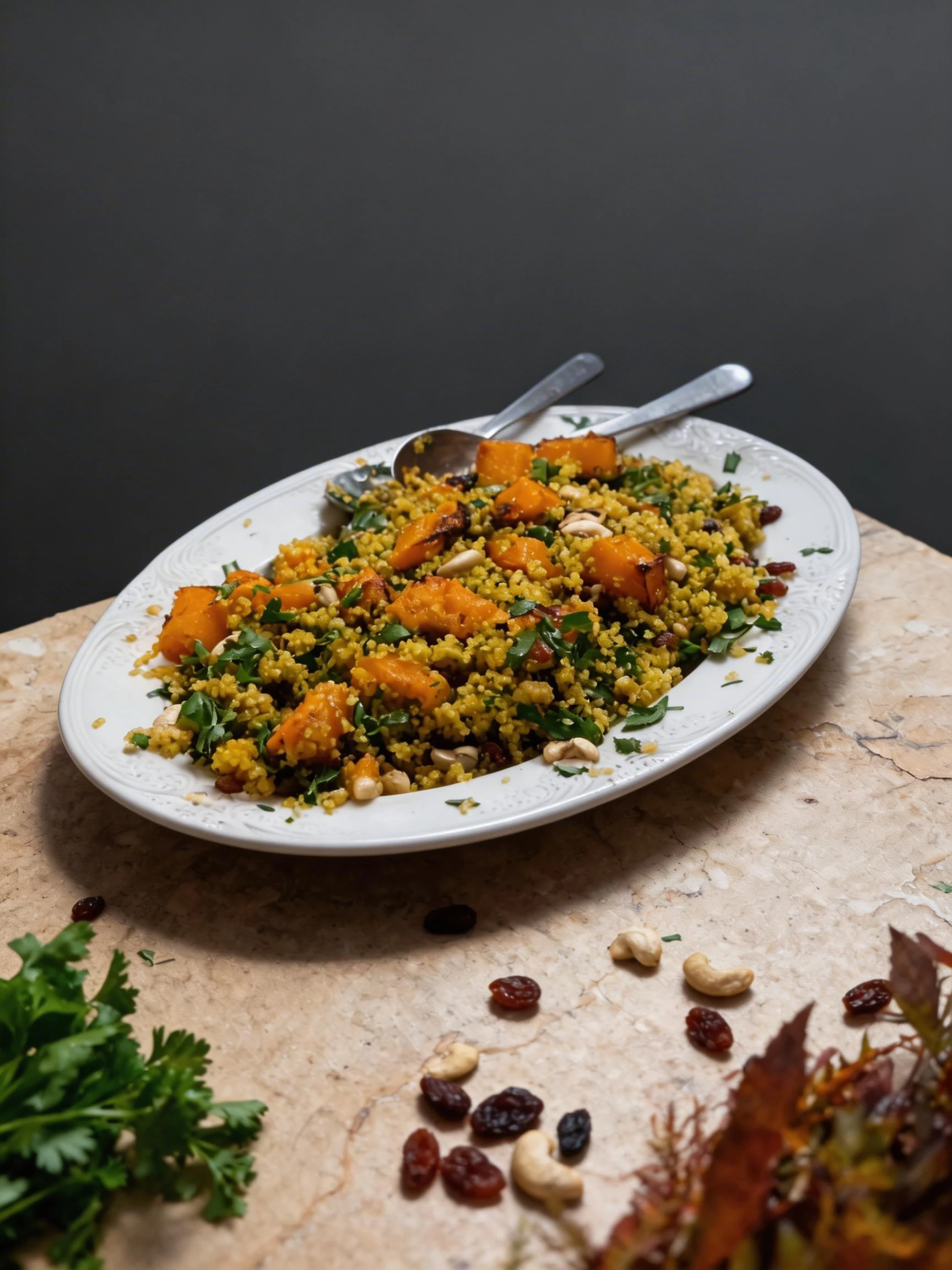 Roasted butternut squash and quinoa salad mixed with fresh parsley, toasted cashew nuts, and dried raisins served on an embossed ceramic platter.