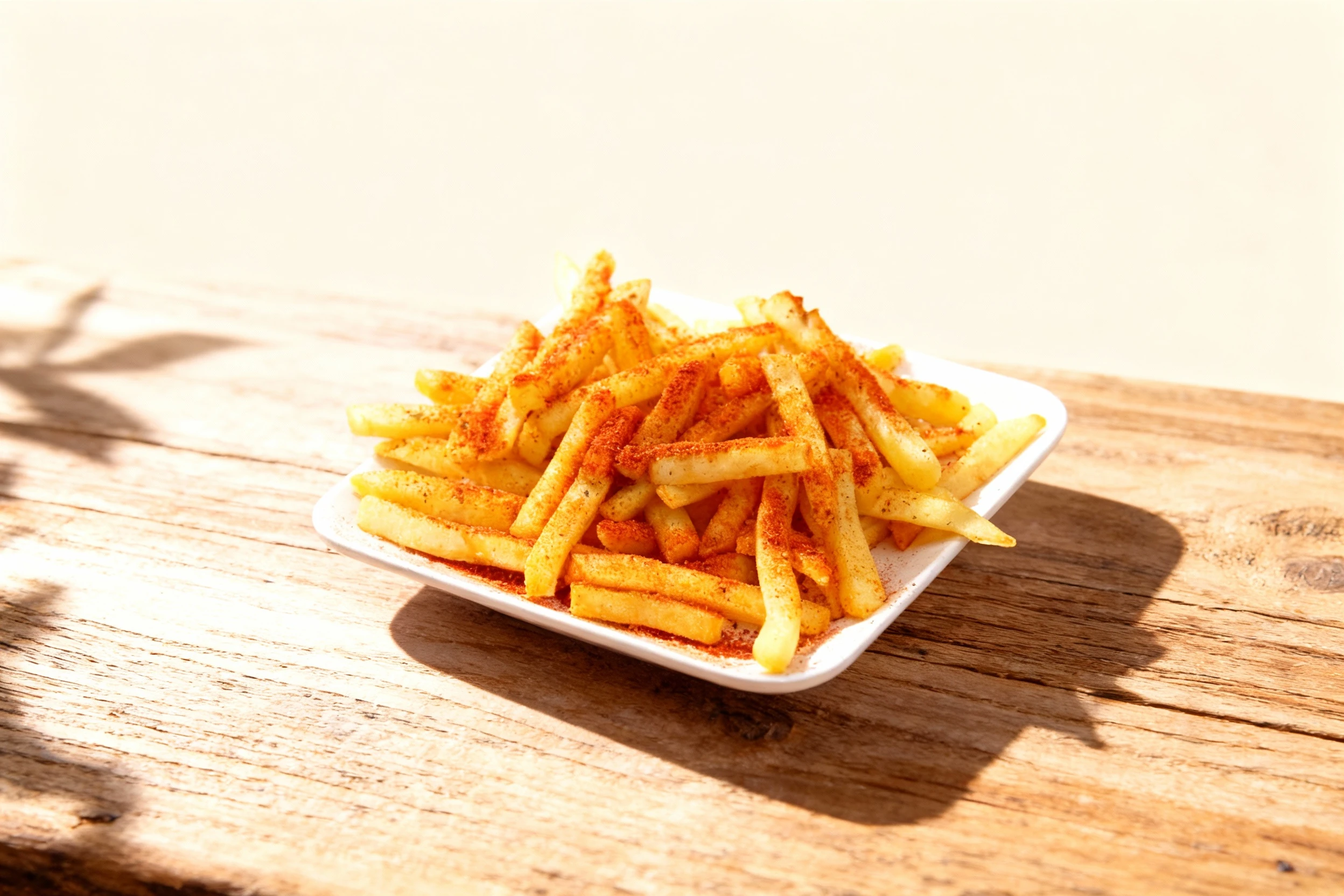 A serving of thick-cut french fries seasoned heavily with a vibrant red spice blend, likely paprika or chili powder, presented on a small white square plate.