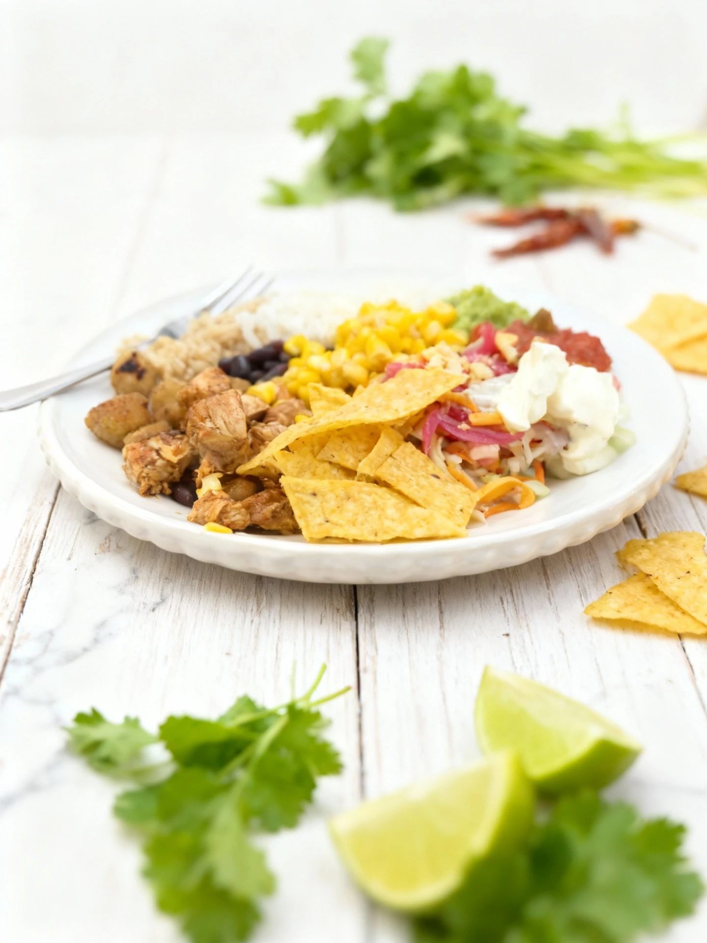 A Mexican-style platter featuring seasoned diced chicken, white and brown rice, black beans, sweet corn, and roasted potatoes, served alongside tortilla chips.