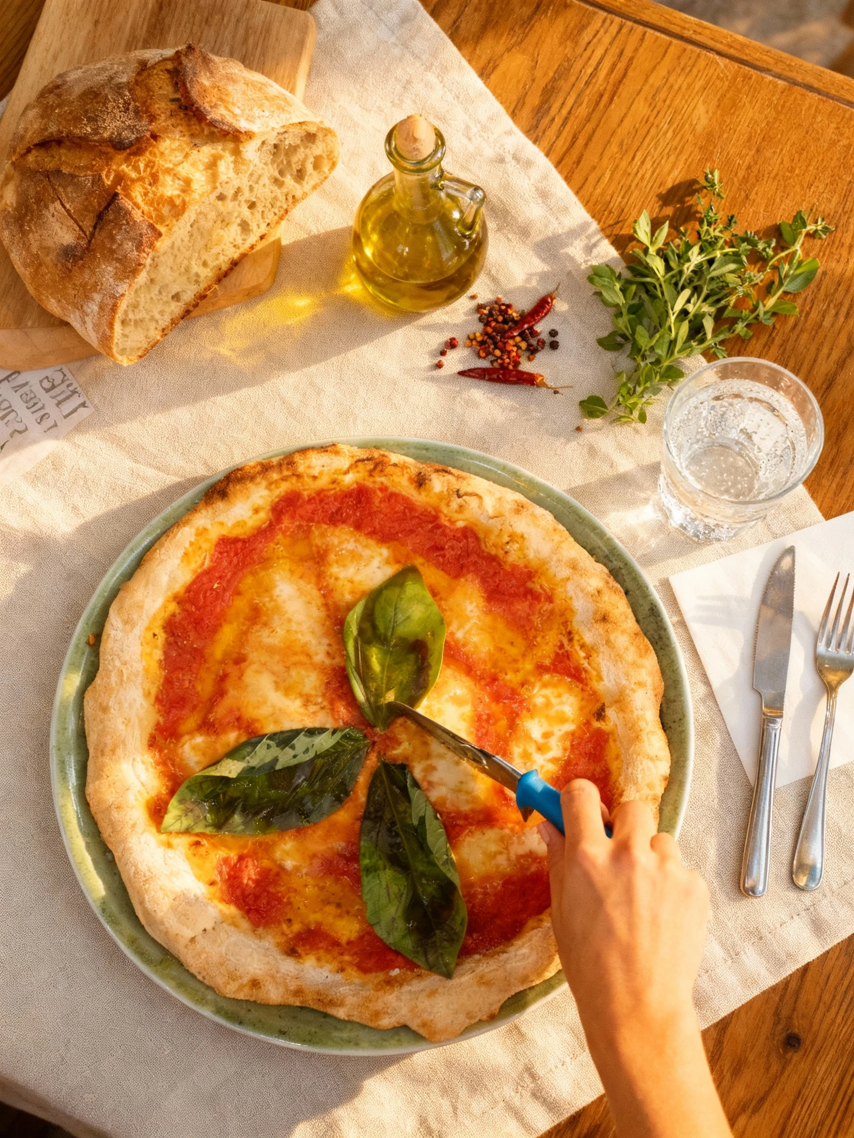 Neapolitan-style pizza topped with vibrant tomato sauce, melted mozzarella cheese, and four large fresh basil leaves centered on the pie, served on a round gree