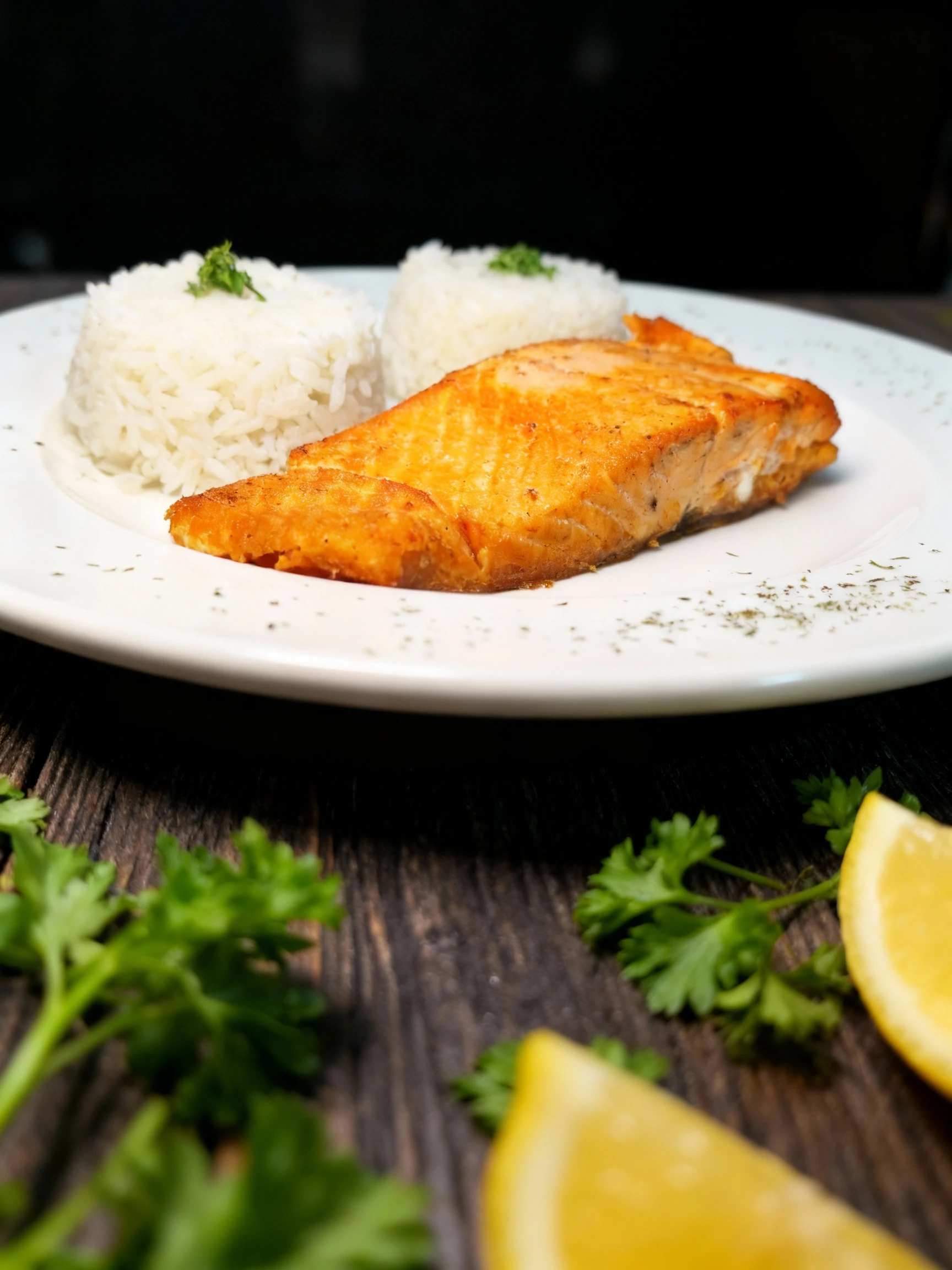 A pan-seared salmon fillet served on a white plate with two scoops of white rice garnished with fresh parsley and dried herbs sprinkled on the rim.