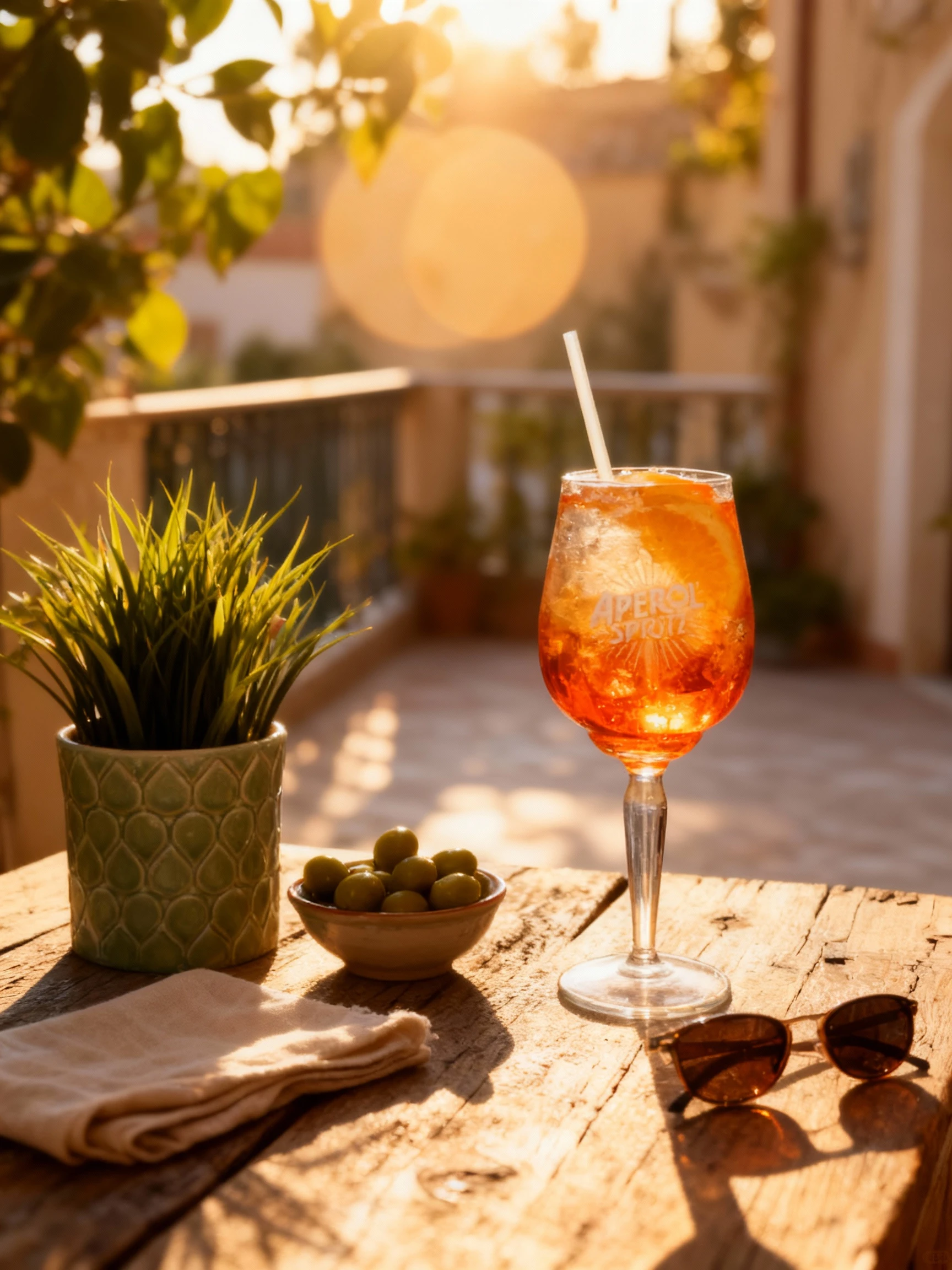 An Aperol Spritz cocktail served in a branded wine glass with ice, an orange slice garnish, and a drinking straw.