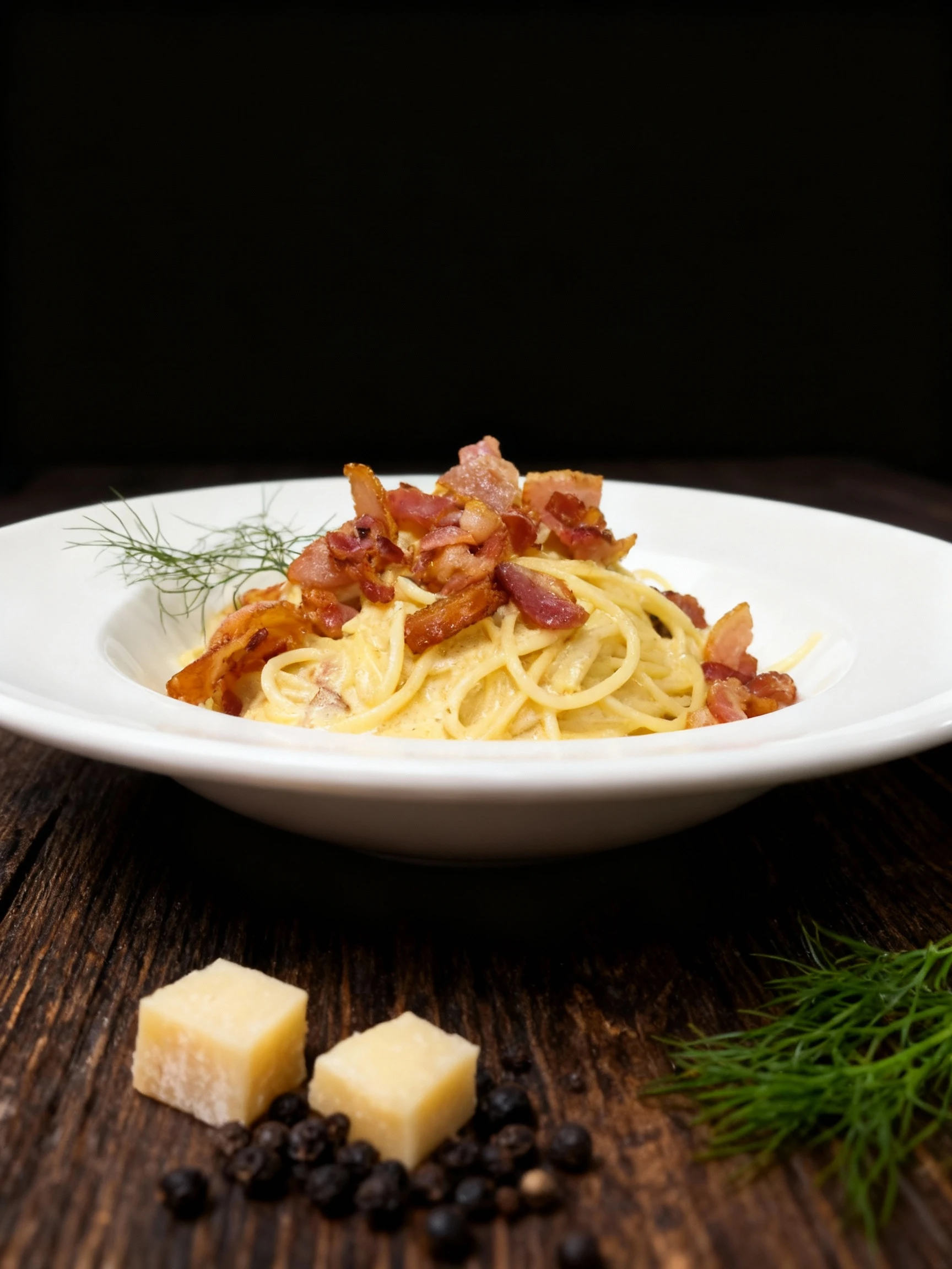 Spaghetti carbonara featuring pasta tossed in a creamy egg and cheese sauce, topped with pieces of crispy bacon and garnished with a sprig of fresh dill.