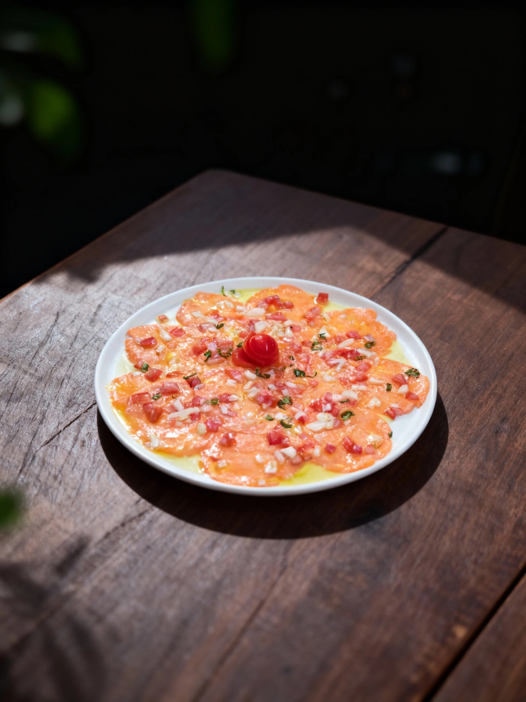 Thinly sliced salmon carpaccio arranged in a circular pattern, topped with diced tomatoes, onions, chopped herbs, olive oil, and a tomato skin rosette.