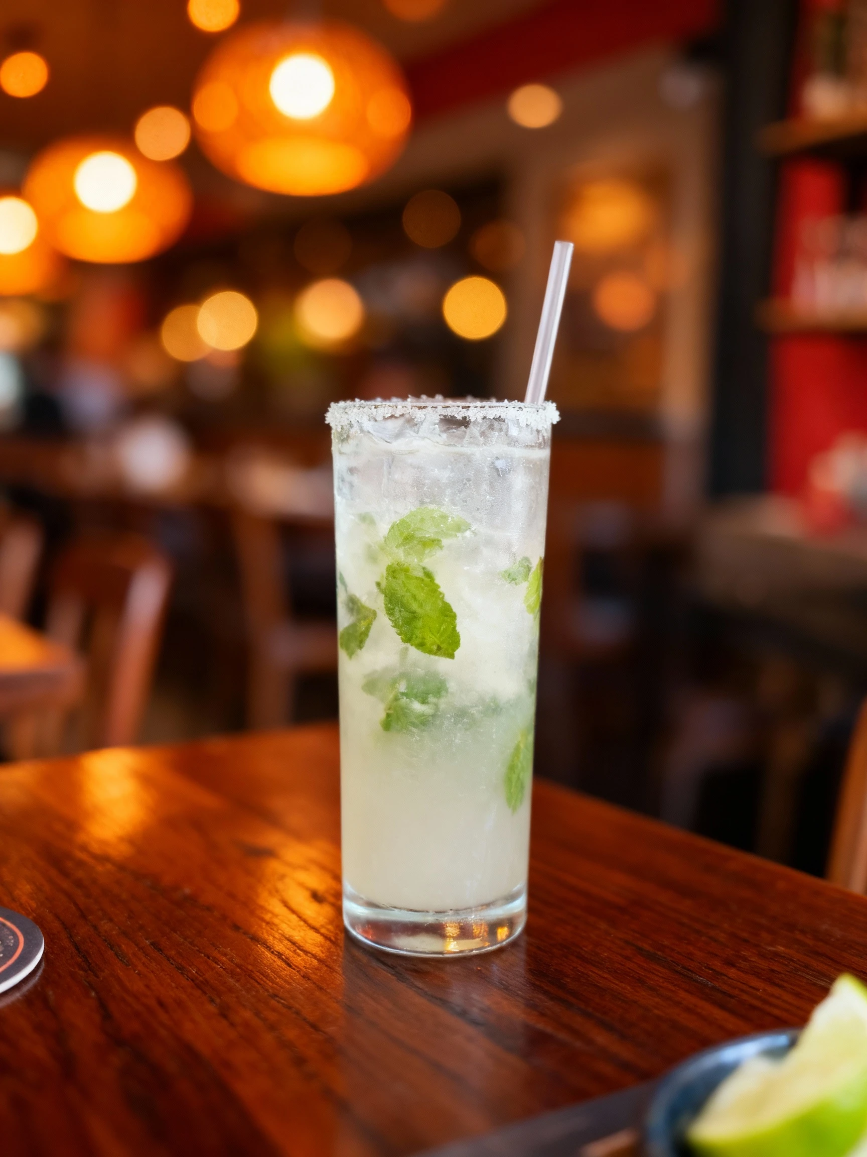 A mojito cocktail served in a salt-rimmed tall glass with fresh mint leaves, crushed ice, and a plastic straw.