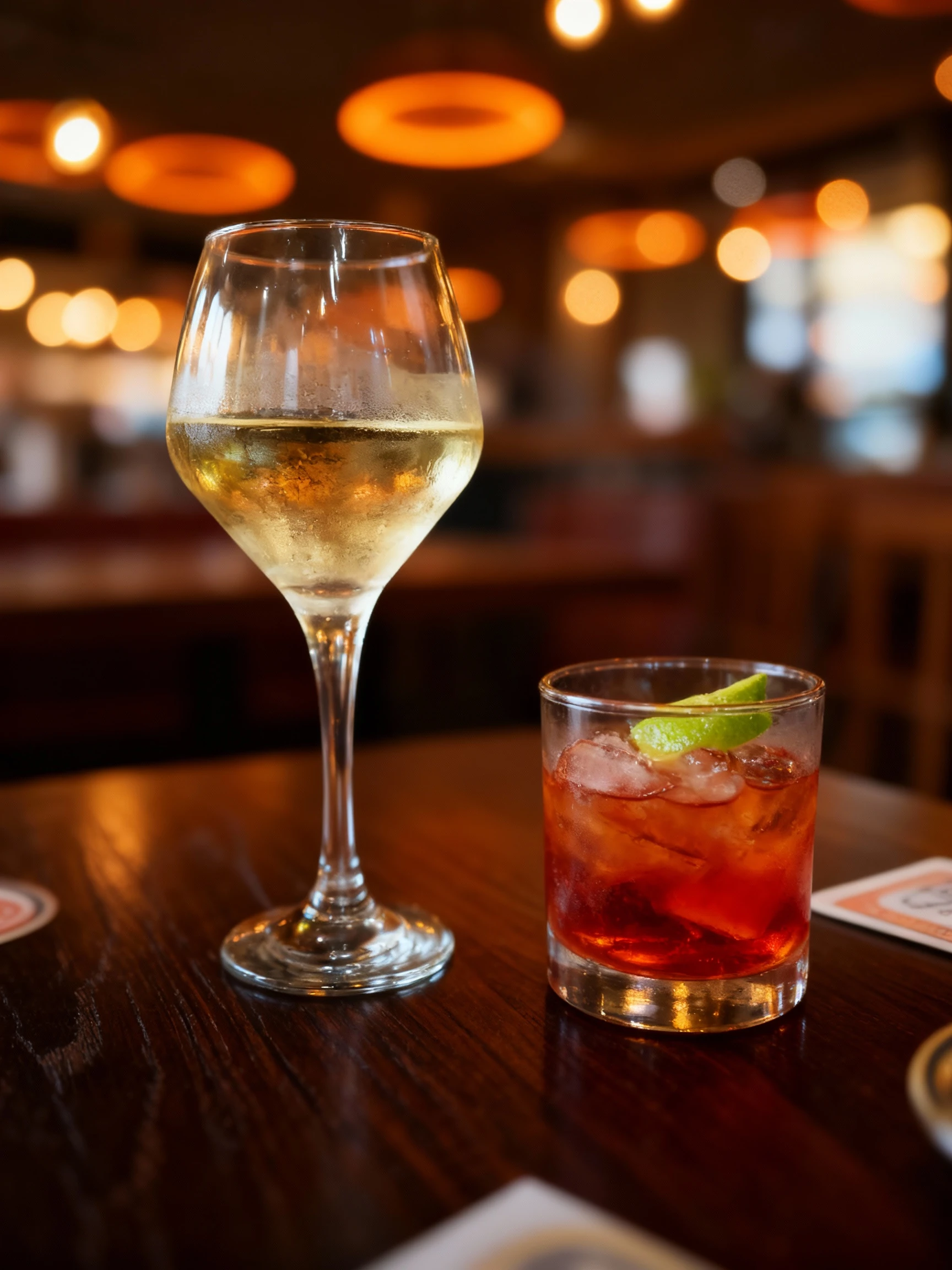 A glass of white wine and a Negroni cocktail with ice and a lime garnish served on a wooden restaurant table.