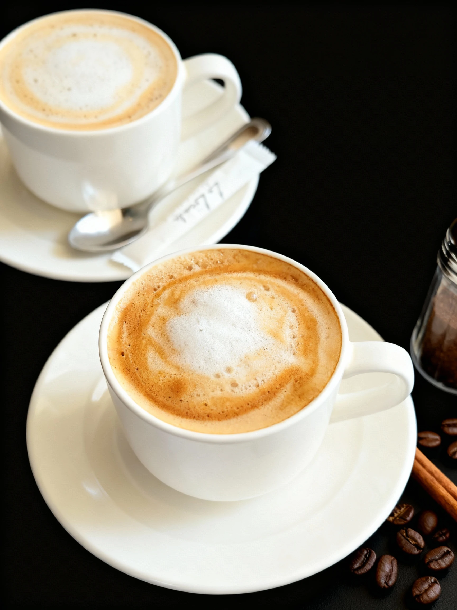 Two white ceramic cups of cappuccino featuring frothed milk foam, served on matching saucers with metal spoons and sugar packets.