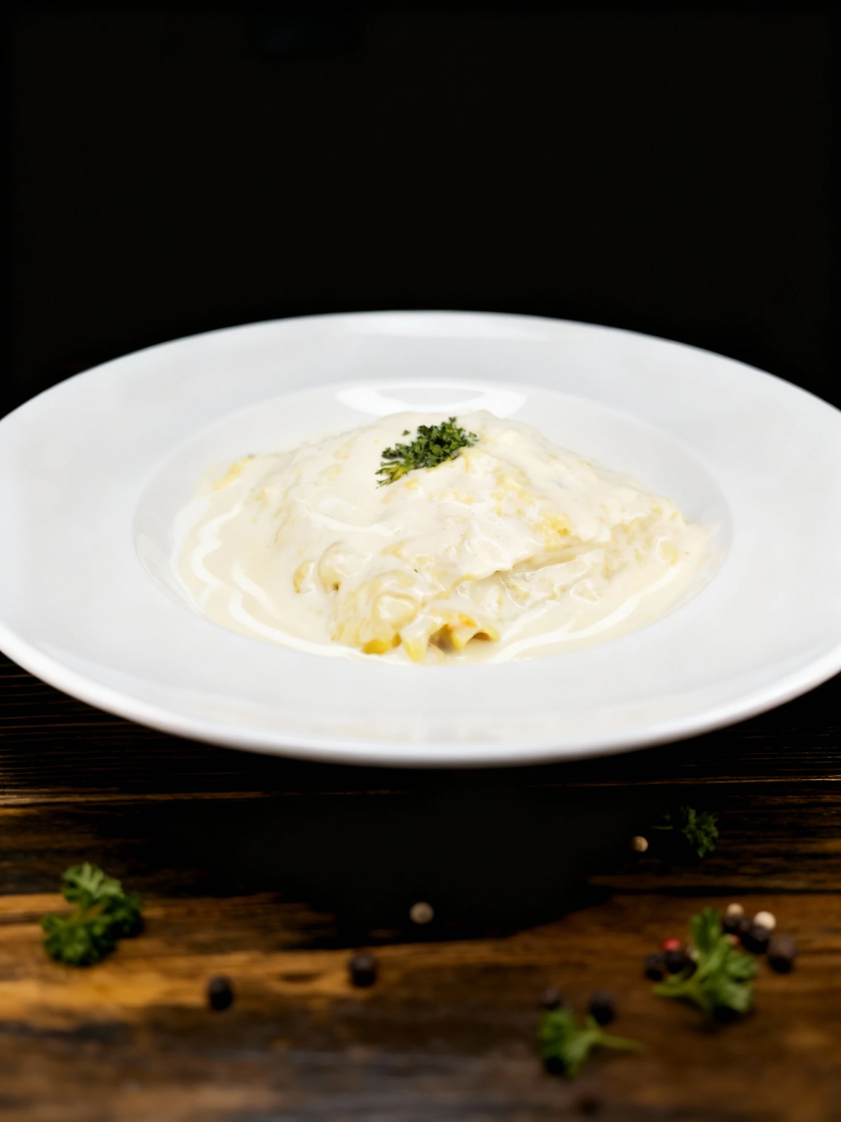 A square portion of white lasagna or cheesy casserole covered in a thick béchamel sauce and topped with a sprig of chopped parsley.