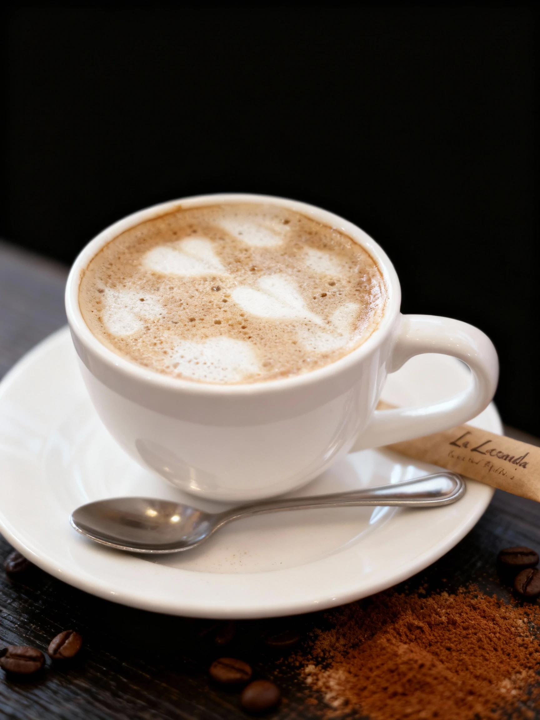 A cappuccino with foam heart latte art served in a white ceramic cup and saucer alongside a teaspoon and sugar packet.