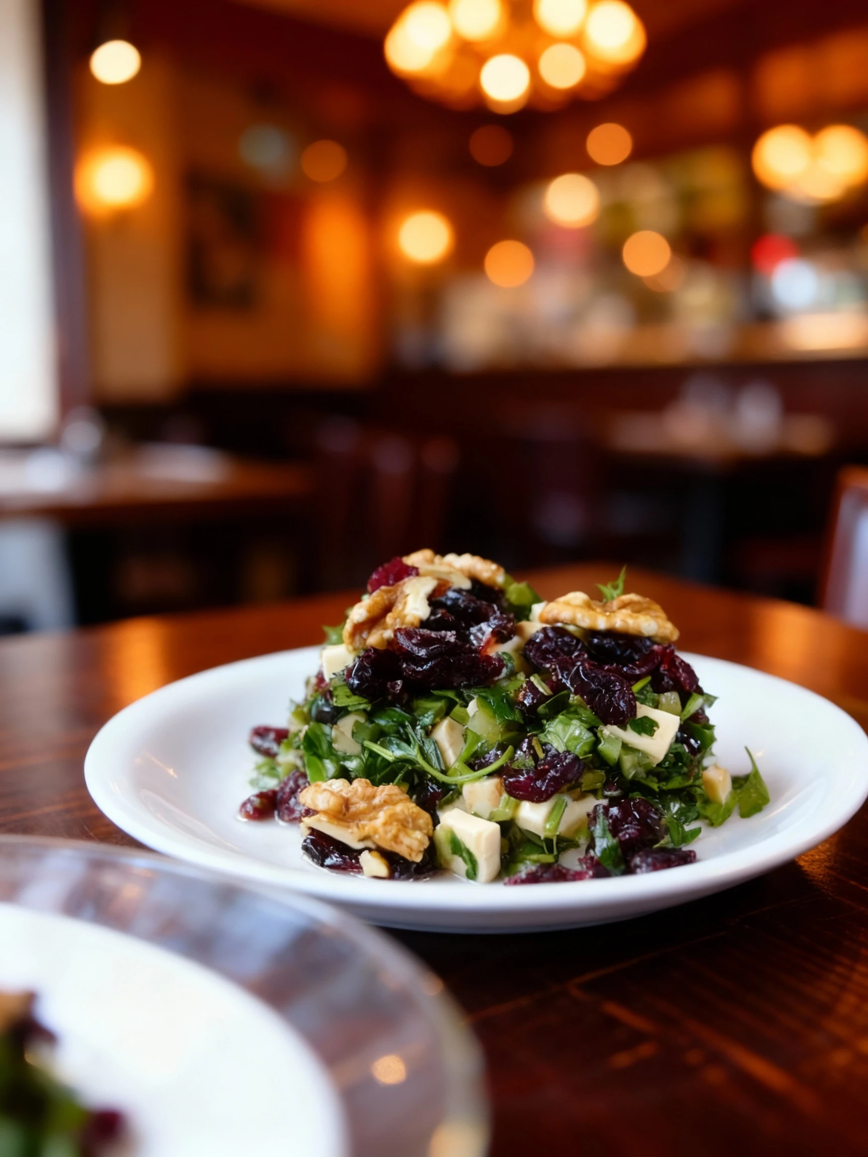 A salad composed of chopped fresh greens, cubes of white cheese, and dark dried berries, generously topped with whole walnut halves on a white plate.