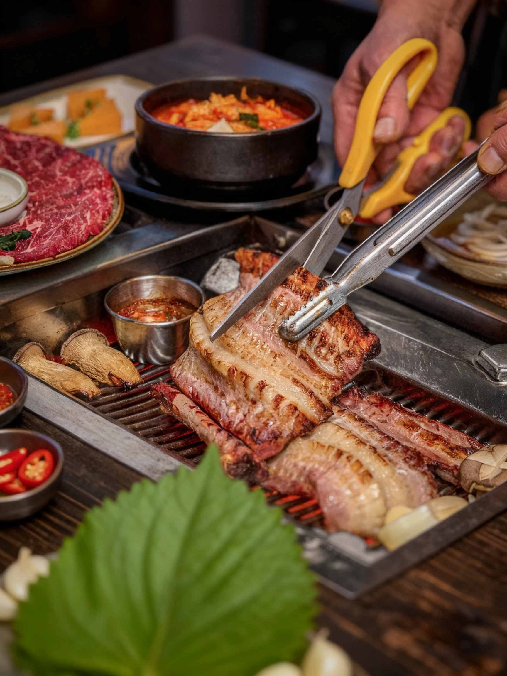 Korean barbecue featuring grilled pork belly being cut with shears over hot coals, accompanied by raw marbled beef, king oyster mushrooms, and kimchi stew.