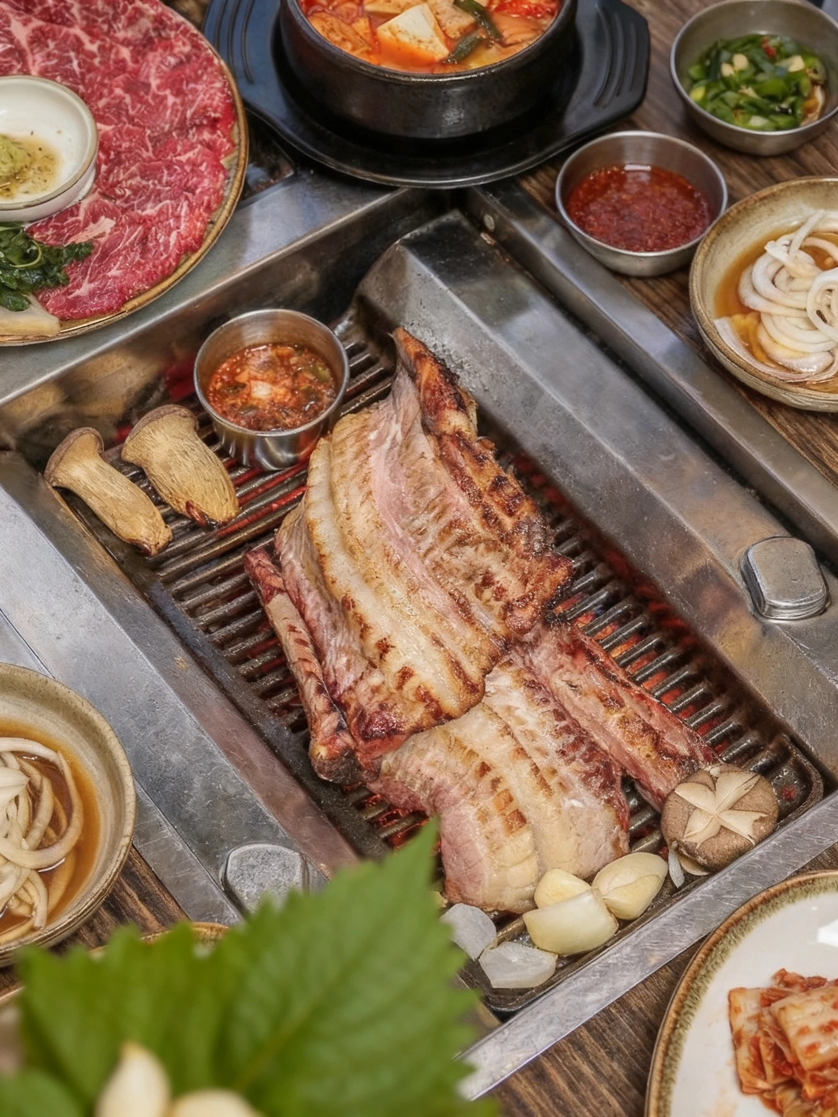 Korean BBQ feast featuring thick slabs of pork belly being cut with yellow scissors on a tabletop grill, accompanied by raw marbled beef, kimchi, and various ba