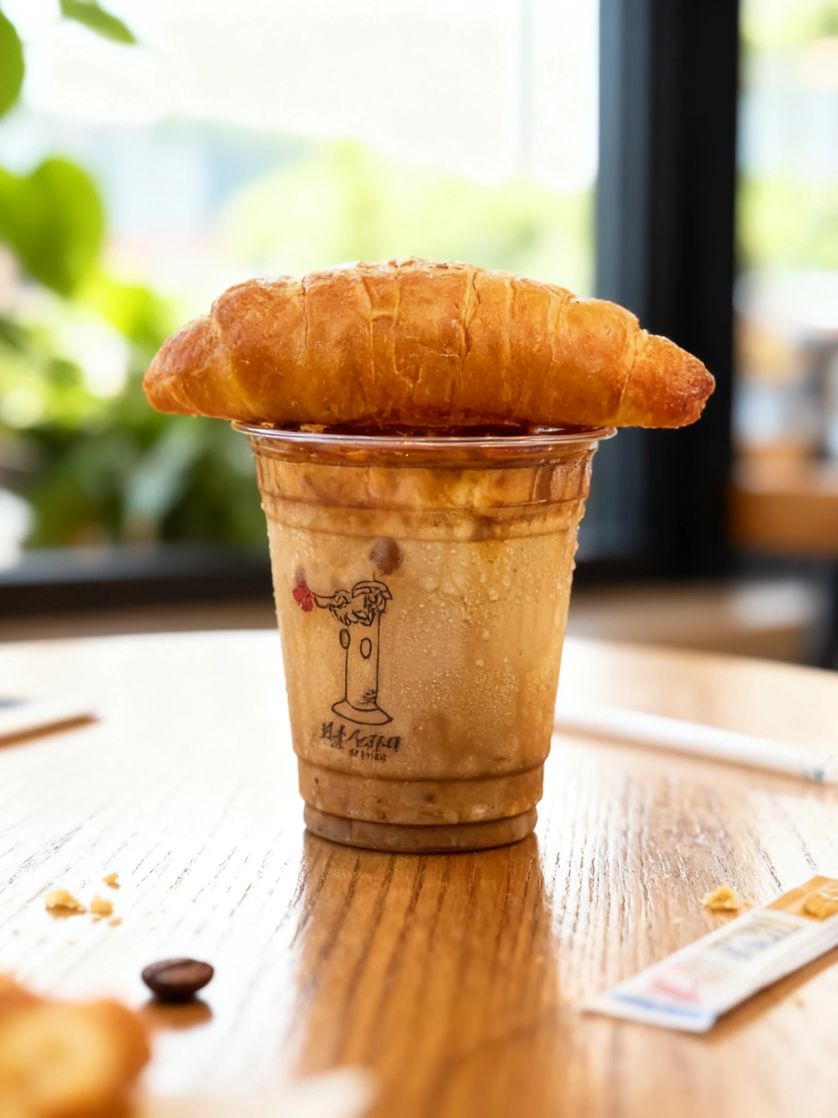 A golden-brown butter croissant balanced on top of a plastic takeaway cup filled with iced coffee.