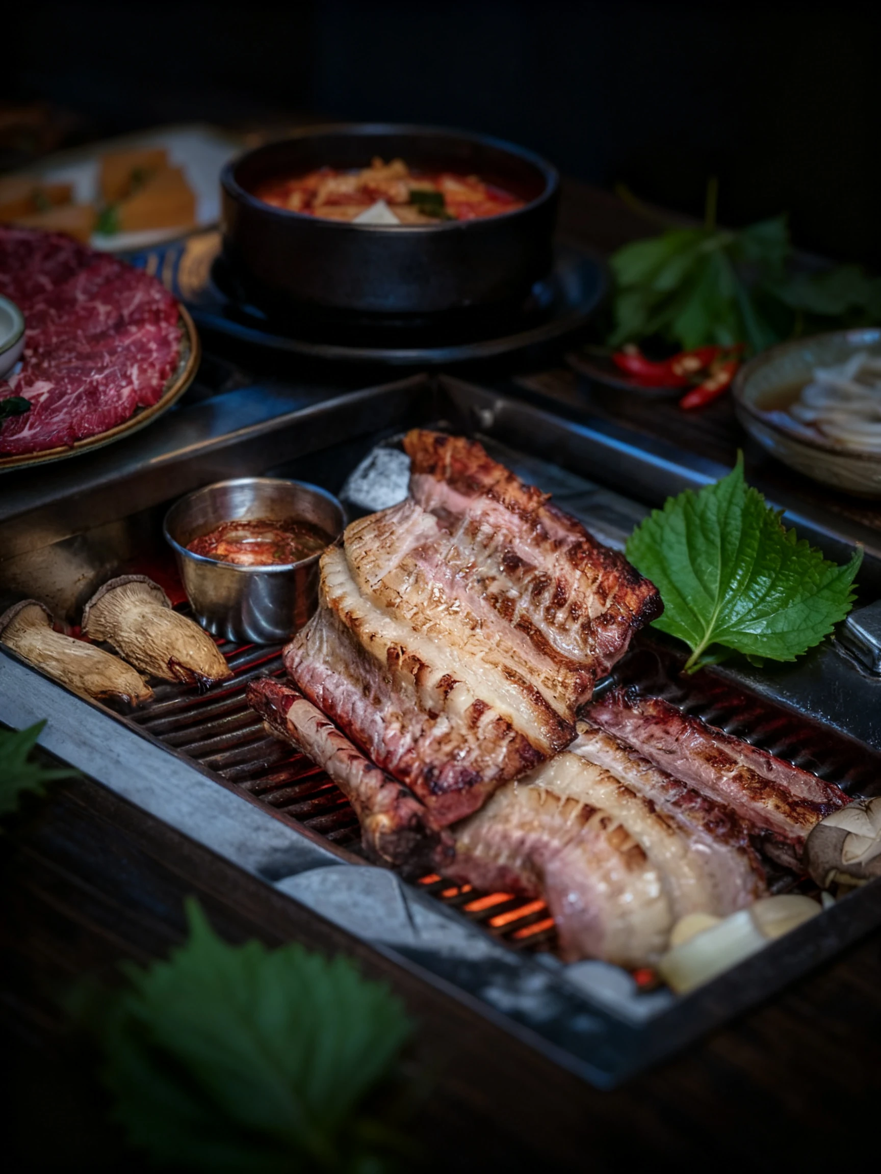 Korean barbecue featuring grilled pork belly and short ribs on a charcoal grate with king oyster mushrooms and dipping sauce. Side dishes include kimchi stew, s