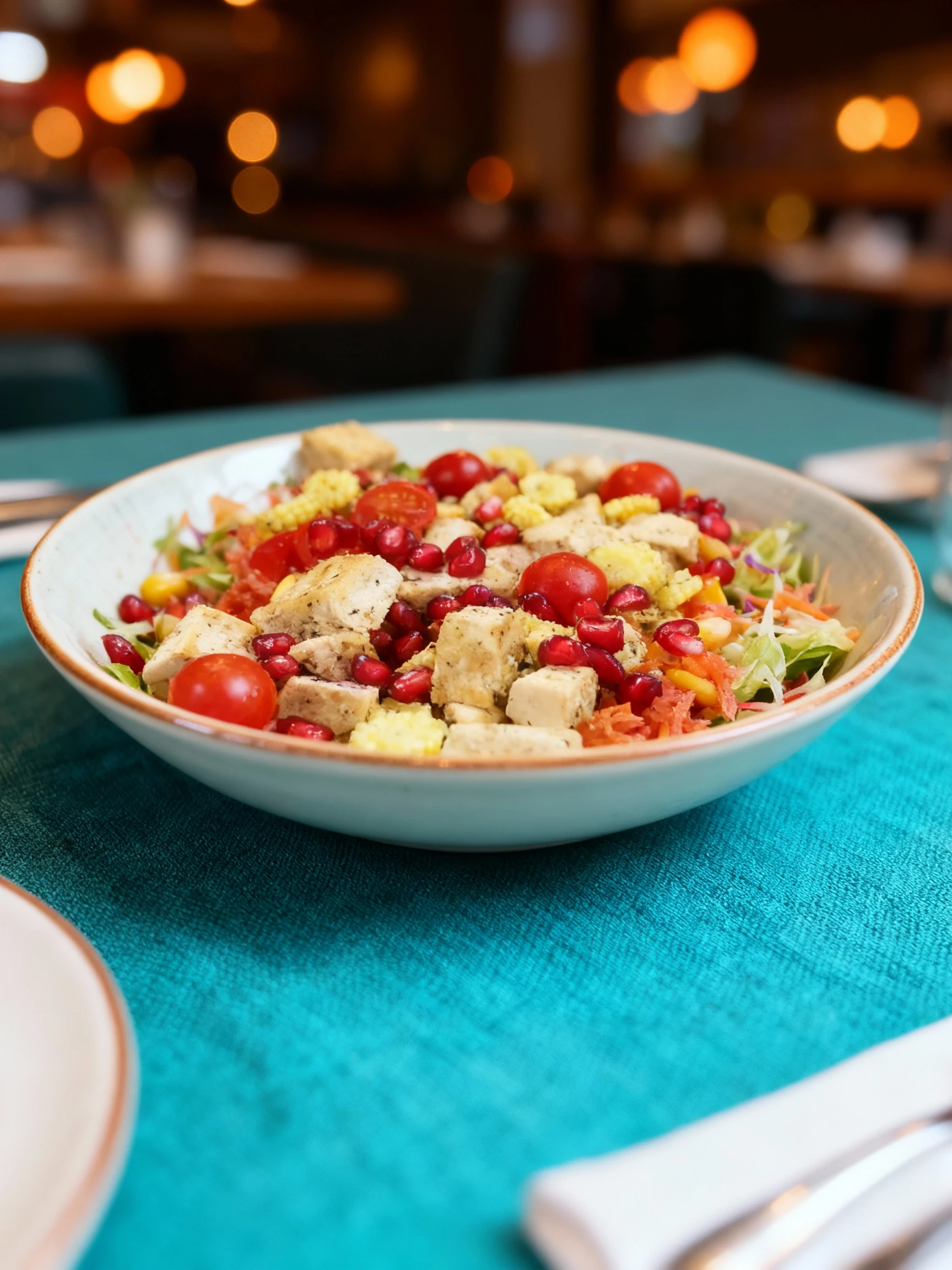 A colorful salad containing cubes of seasoned tofu, cherry tomatoes, baby corn slices, and pomegranate seeds over a base of shredded carrots and corn.
