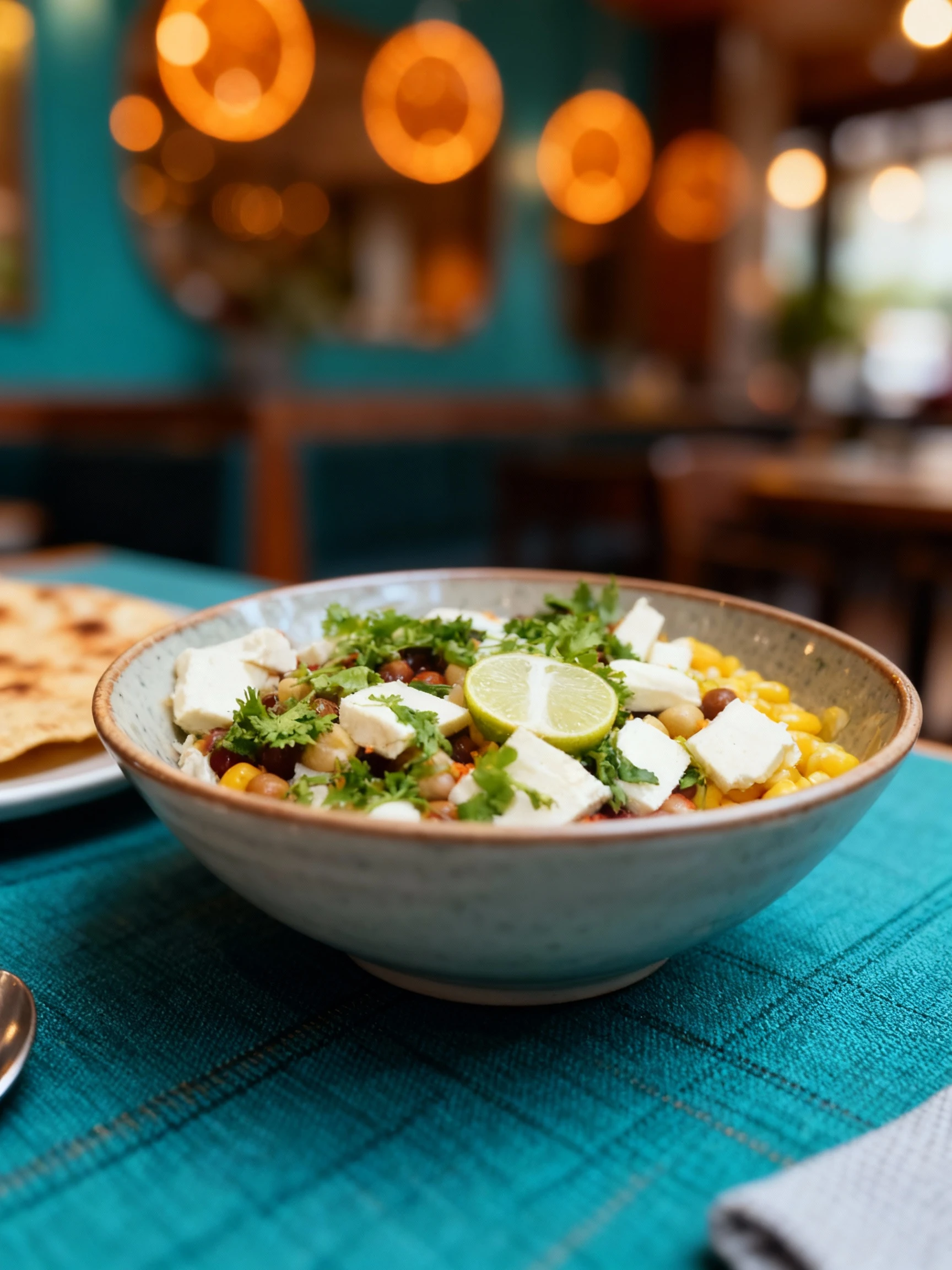 A mixed bean and corn salad topped with cubed paneer, fresh cilantro sprigs, and a central lime slice.
