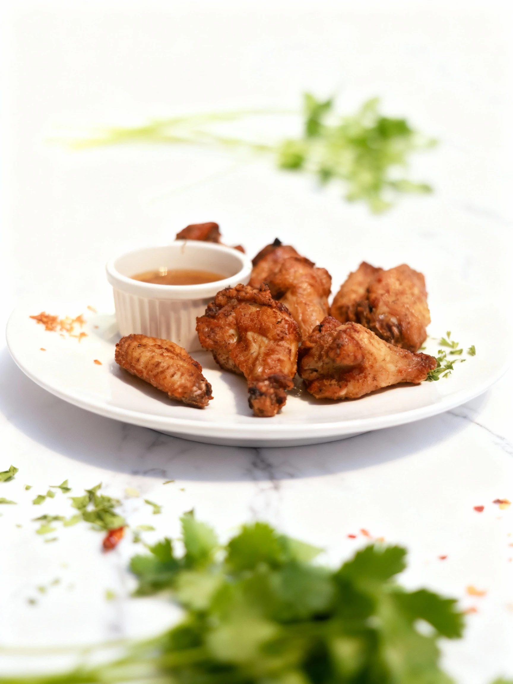 Several crispy, browned chicken wings (flats and drumettes) are presented on a white plate alongside a small ramekin containing a brown dipping sauce, lightly g
