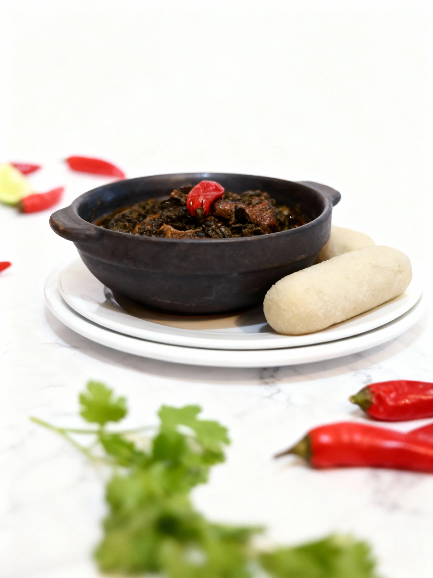 A serving of West African stew, likely containing dark leafy greens and chunks of meat, garnished with a whole red chili pepper, and accompanied by two oblong p