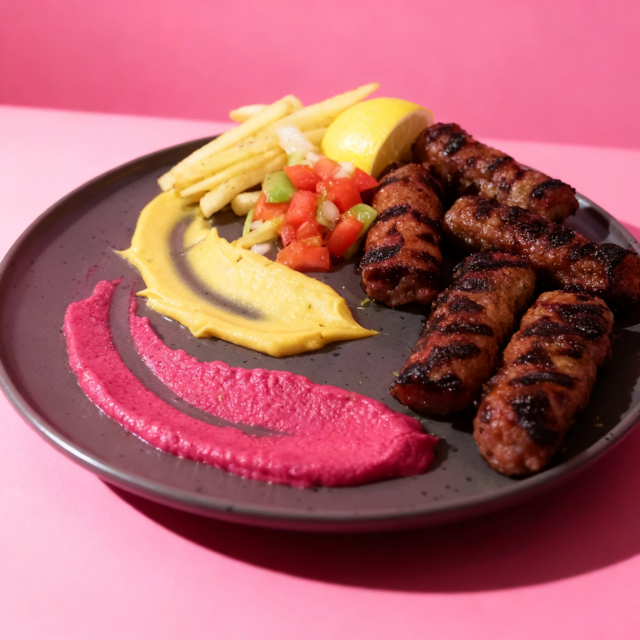 Grilled ćevapi sausages served with French fries, a fresh tomato and onion salad, a lemon wedge, and vibrant swirls of yellow and pink vegetable purees.
