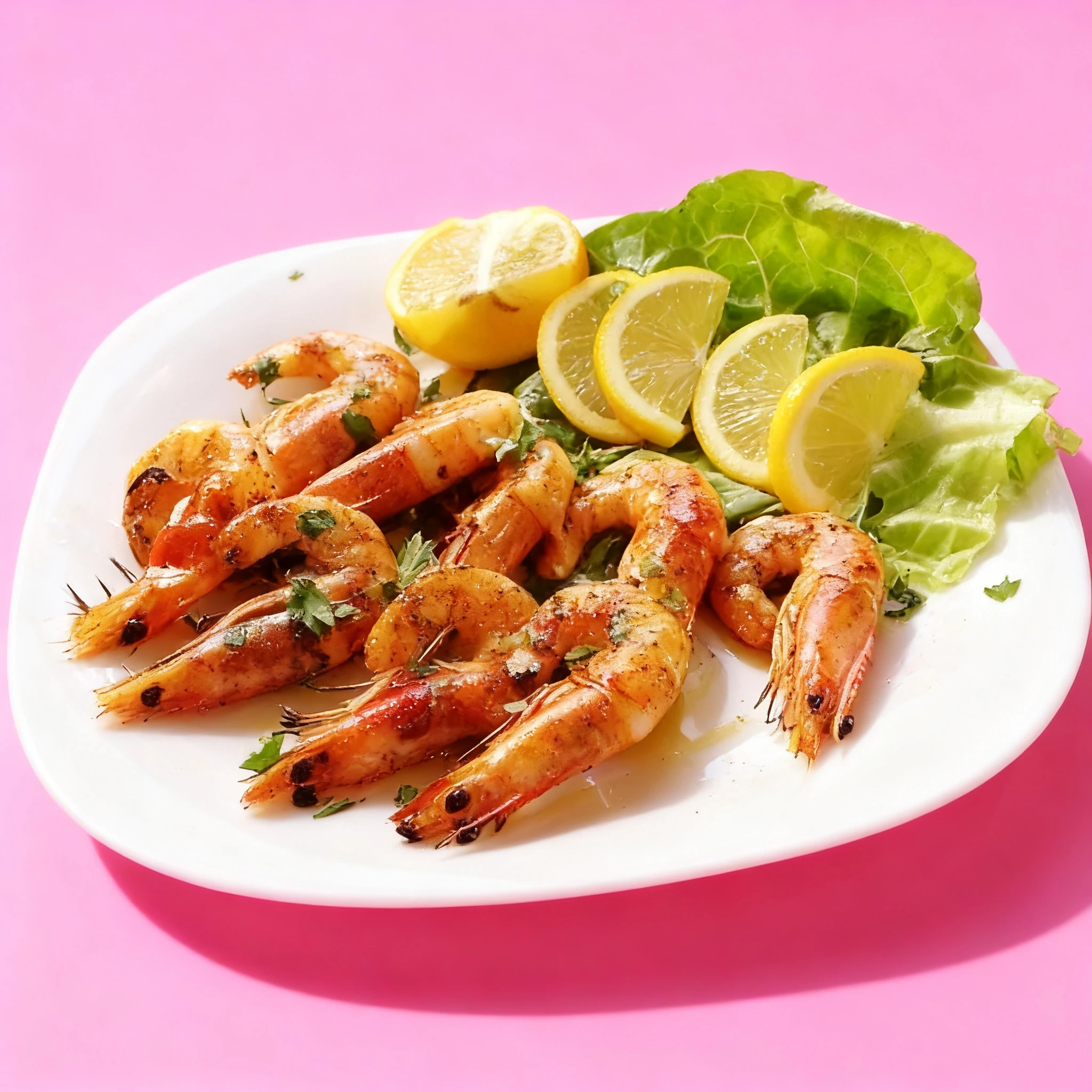 Sautéed whole head-on shrimp garnished with chopped herbs, served with lemon wedges and a side of green leaf lettuce.