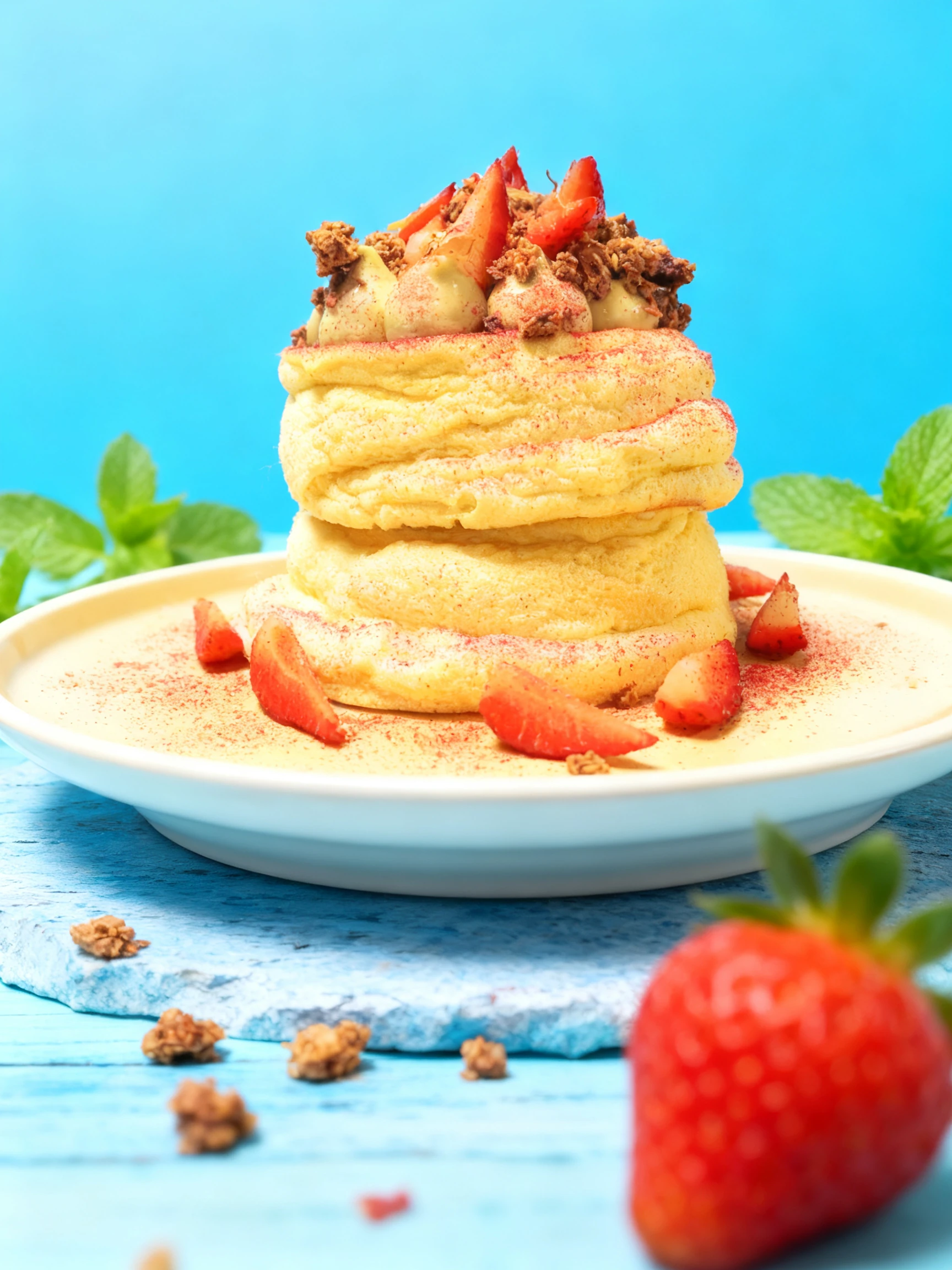 A stack of two fluffy Japanese souffle pancakes topped with cream, crunchy granola, and sliced fresh strawberries, dusted with a red fruit powder.