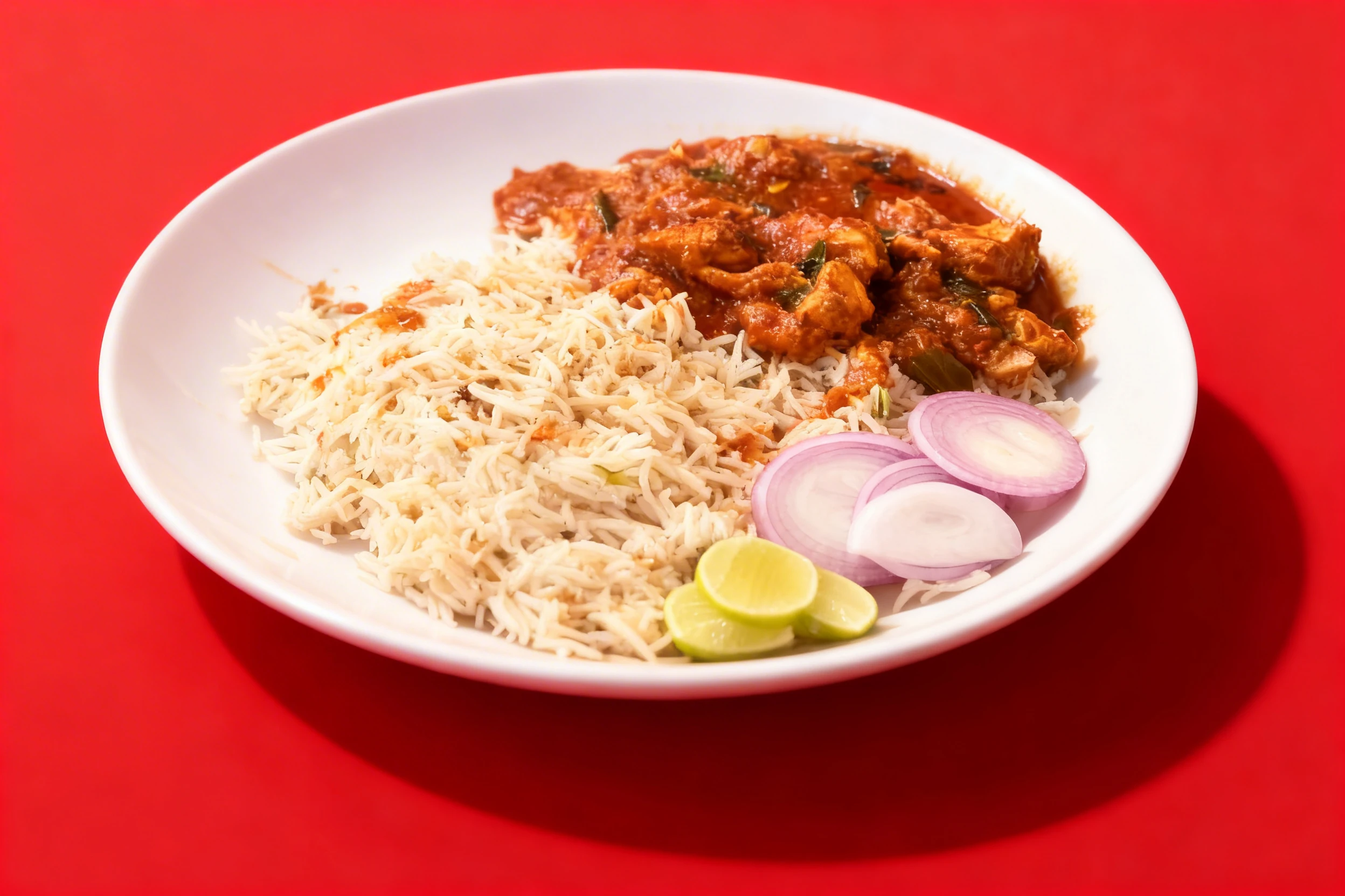 Chicken curry with thick gravy served alongside steamed basmati rice, raw red onion rings, and lime wedges.